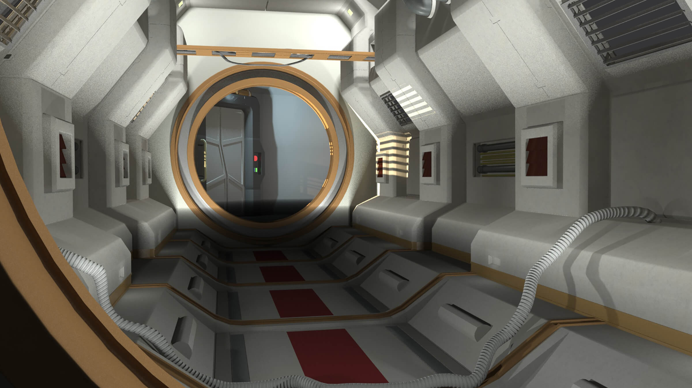 Cylindrical white and red corridor in a sterile, futuristic style ending at a round porthole to another area.