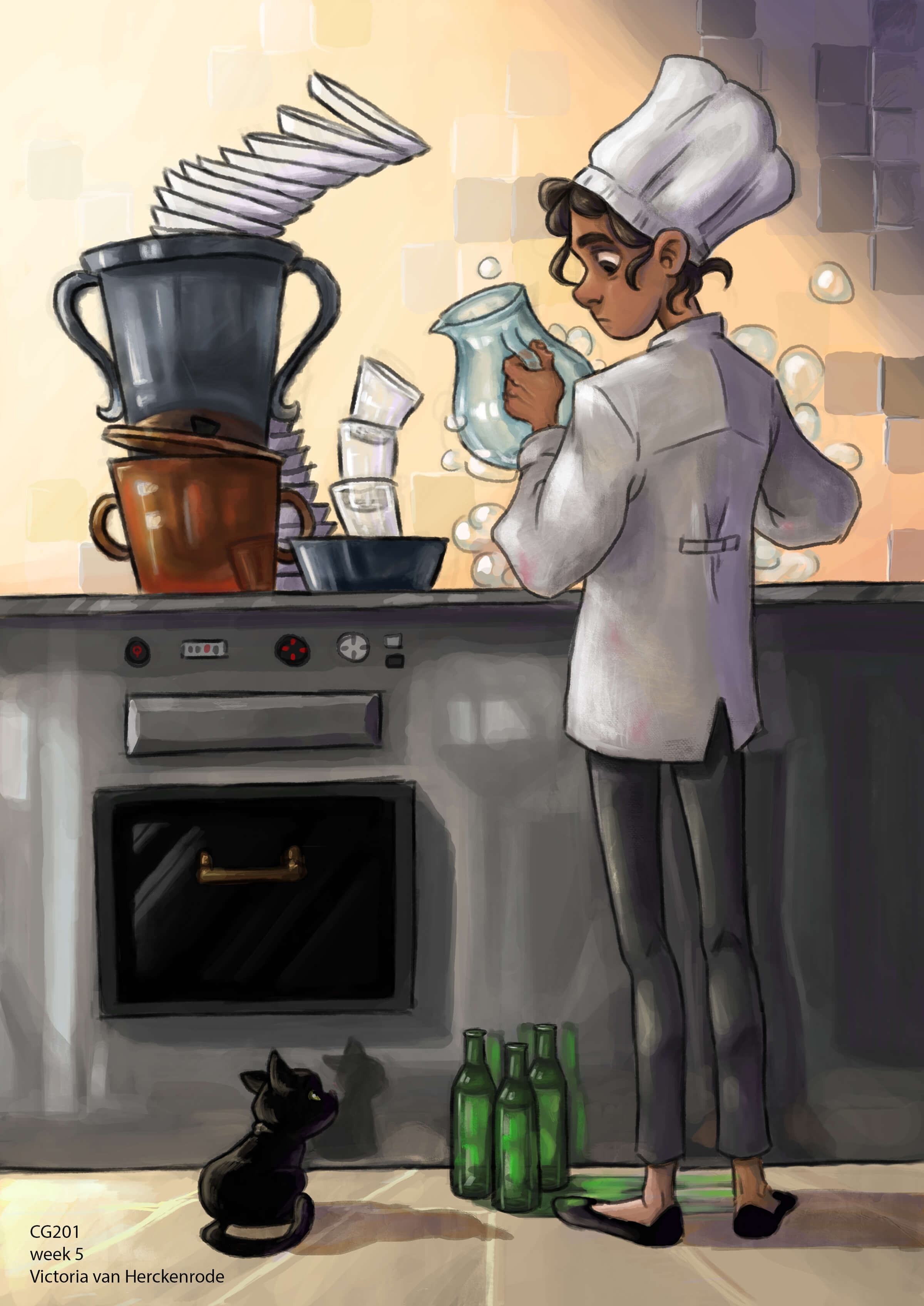 Una mujer con uniforme de cocinera lavando junto a una pila inclinada de platos mira a un pequeño gatito negro.