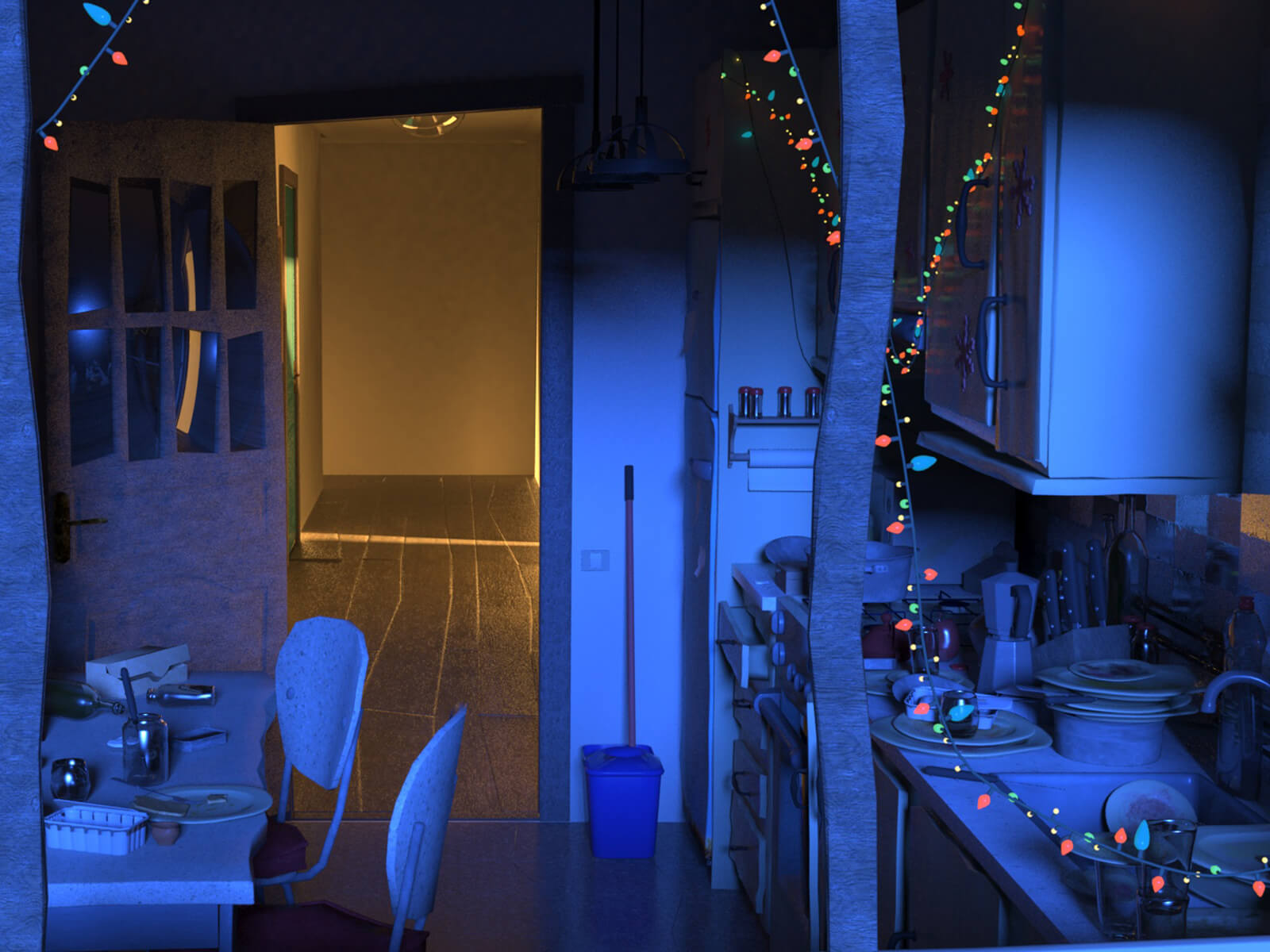 Una cocina oscura y desordenada decorada con luces festivas. Al fondo, una puerta abierta a un pasillo iluminado.