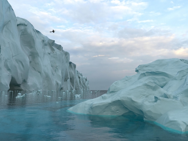 Glaciares amorfos en un ambiente ártico. Trozos de hielo fluyen en el agua mientras un avión sobrevuela el cielo.