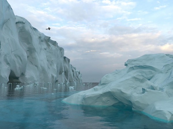 Amorphous glaciers in an arctic environment. Ice chunks flow in the water between them while a plane flies overhead.