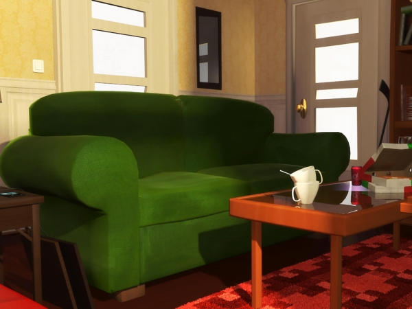En una sala de estar iluminada por el sol, un sofá verde de dos asientos se encuentra detrás de una mesa de café de cristal con una caja de pizza abierta encima.