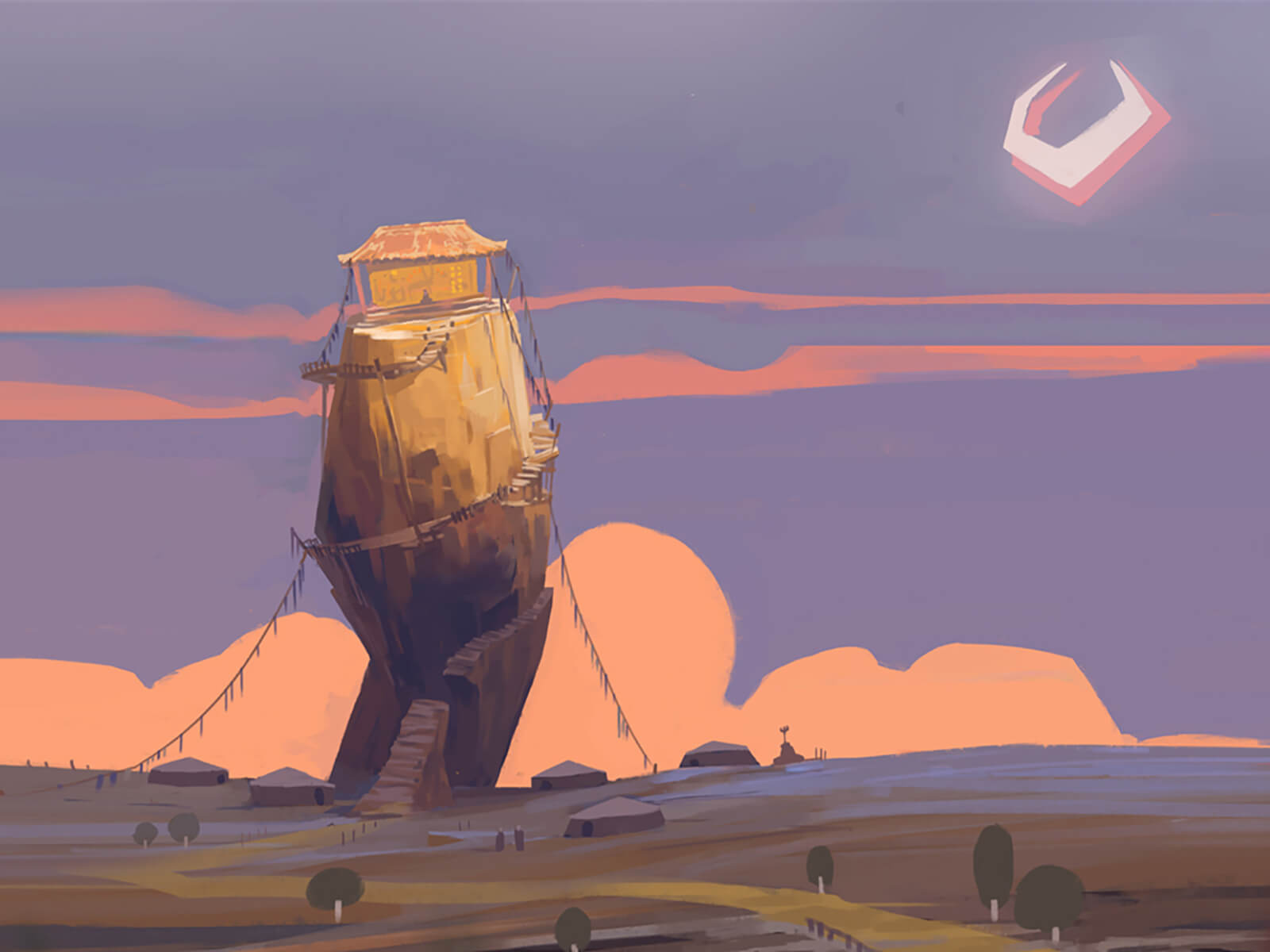 Stylized desert-like landscape in pastel colors. A ramshackle hut sits atop a tilted rock outcropping surrounded by tents.