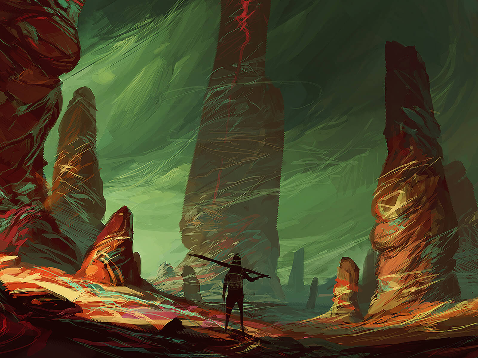 A rocky, alien environment with colorful outcroppings dwarf a humanoid figure standing with its back turned in the foreground