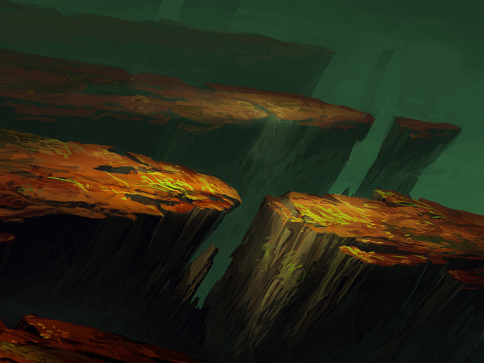 Jagged, red cliffs in an alien landscape jut ominously into a dark green sky.