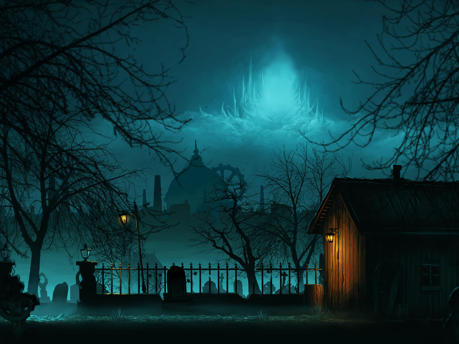 Una choza de madera en un cementerio por la noche. El paisaje urbano y el cielo a lo lejos están iluminados con una luz azul etérea.