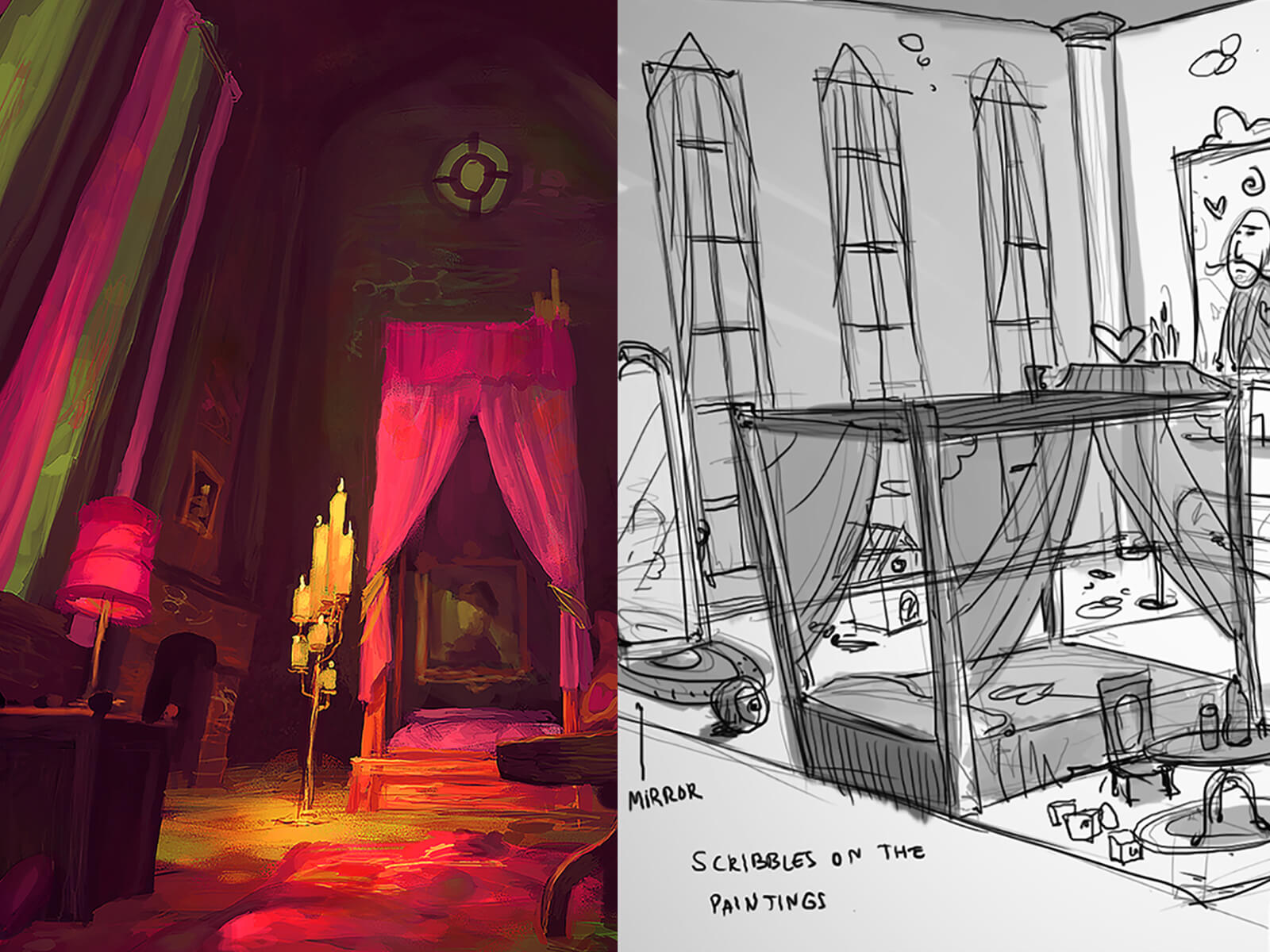 Black-and-white and color sketches of a spooky castle, bedroom, dining room, and laboratory.