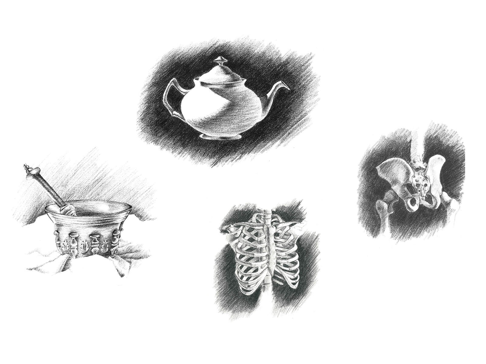 Black-and-white sketches of a teapot, chalice, human ribcage and pelvic bone.