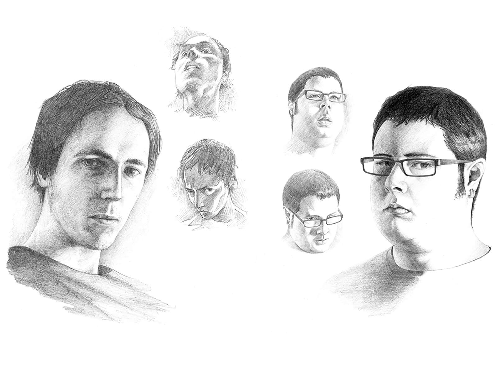 Black-and-white self portraits of two male artists&#039; faces from different angles, one wears glasses and two earrings.