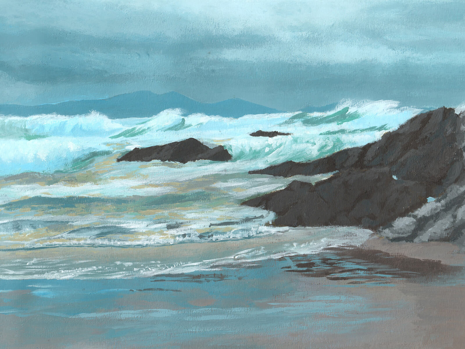 Landscape painting of an ocean shore with choppy white waves crashing against dark gray rocks against a dark cloudy sky.