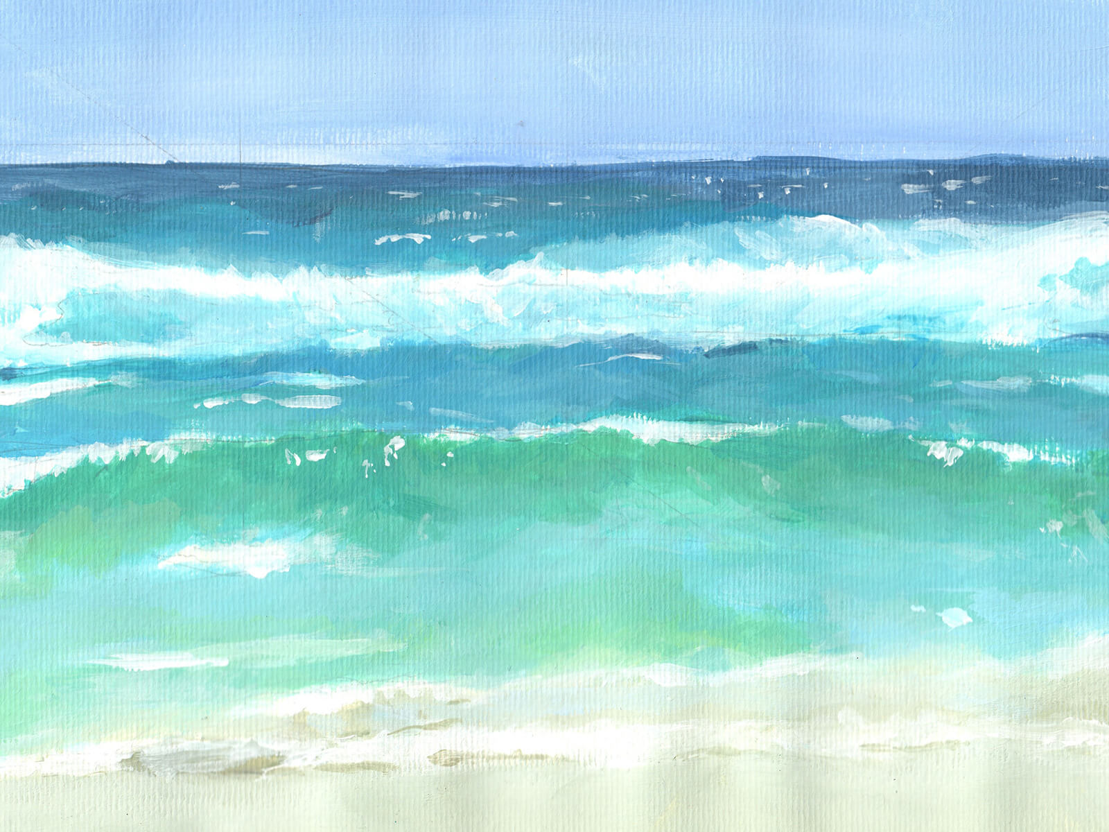 Landscape painting of waves cresting toward the viewer on a sandy beach. Hues of blue get darker the further out one looks.