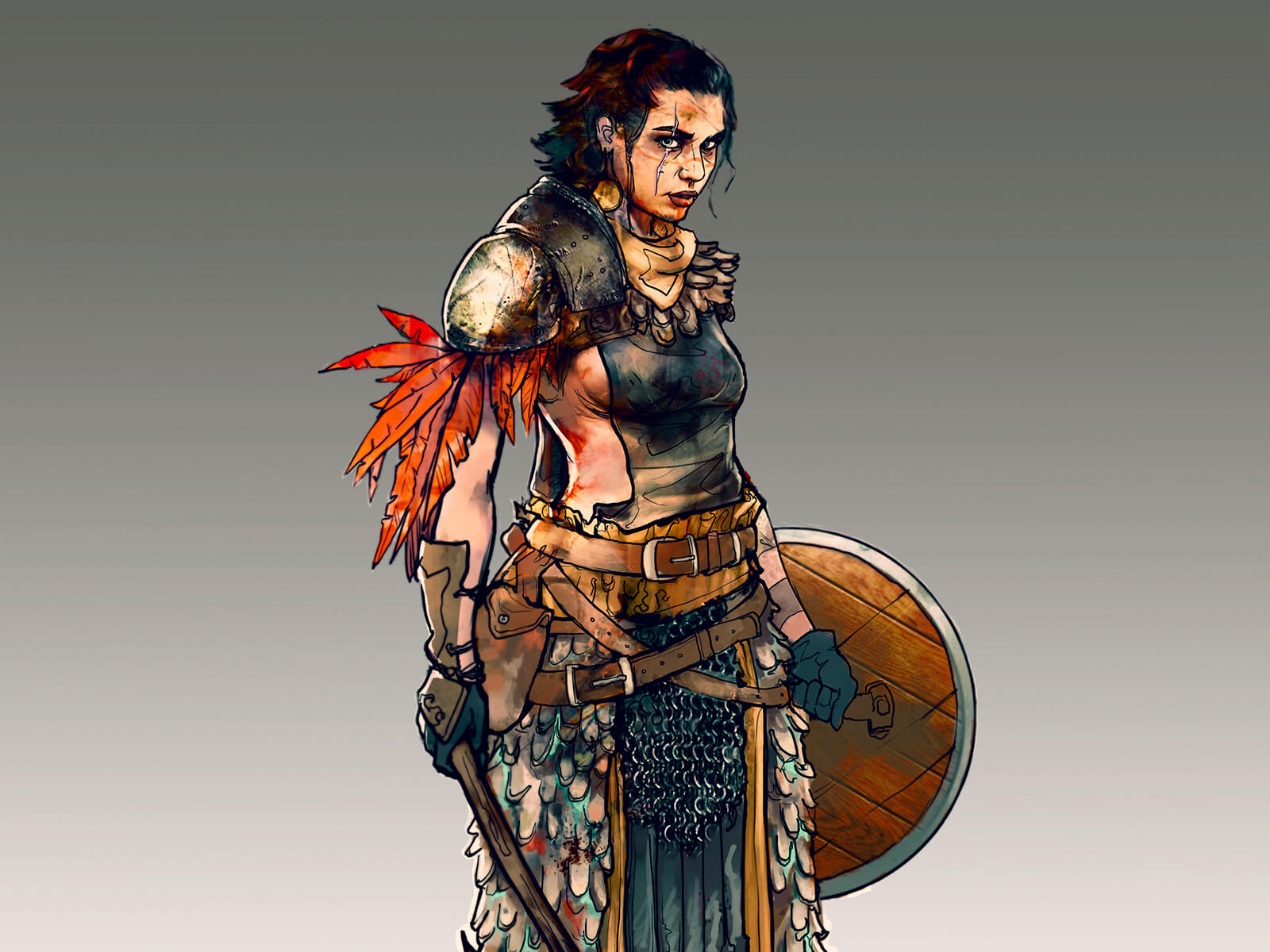 Una guerrera con un elaborado vestido de batalla de estilo vikingo mira al espectador, sosteniendo a su lado un escudo y un hacha ensangrentada .