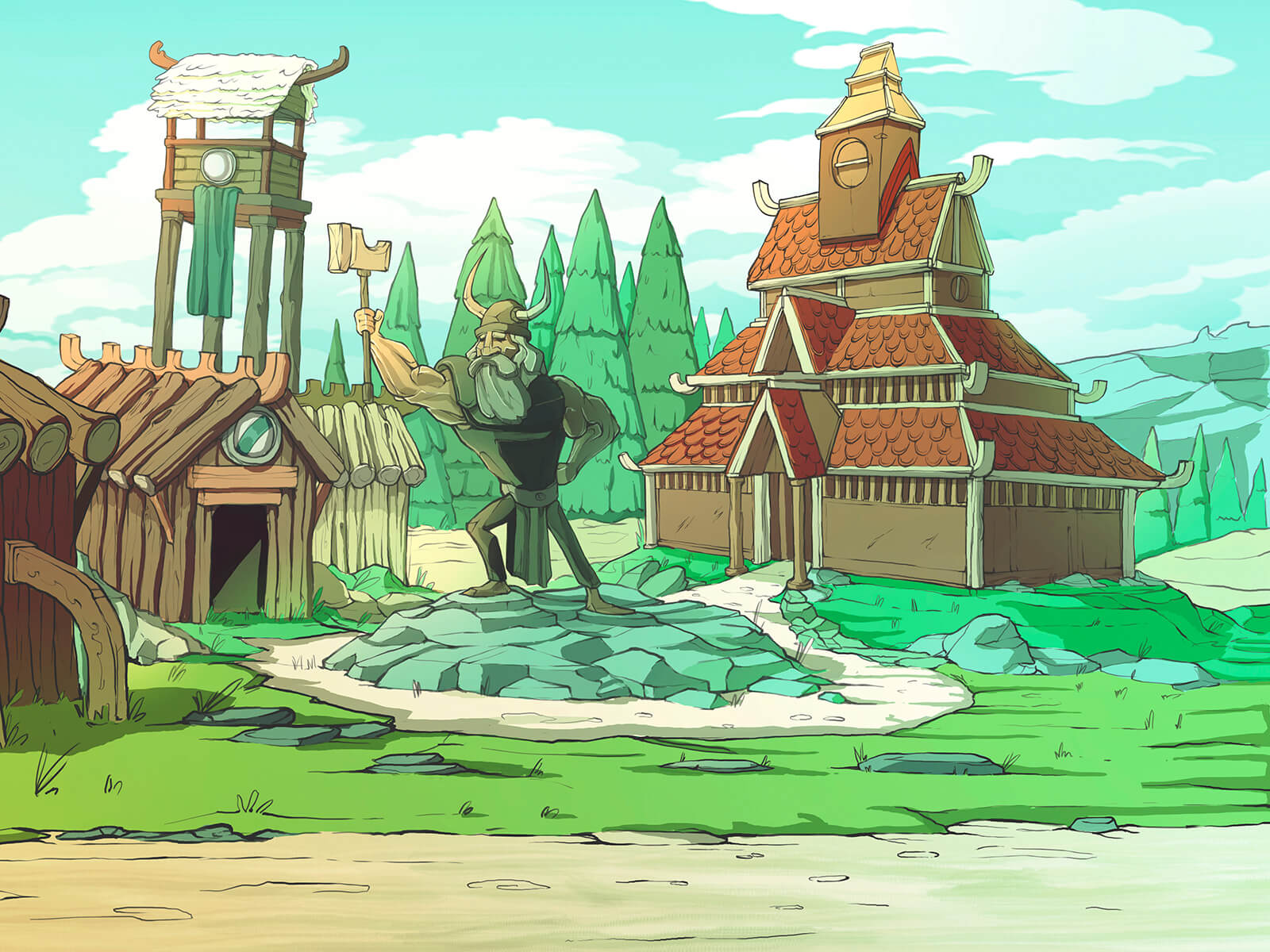 Cartoon-style depiction of an ancient viking village with wooden huts, a longboat, and a statue of a hammer-wielding warrior.
