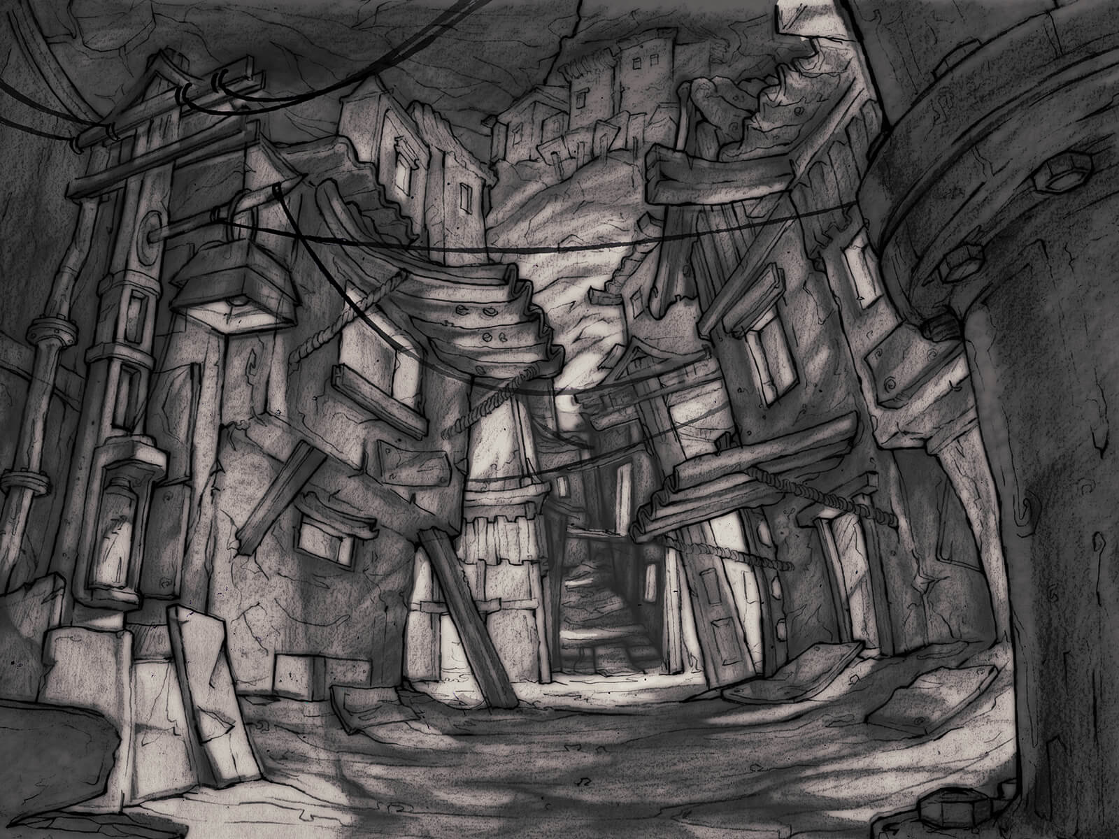 Black-and-white drawing of a dimly lit, narrow alley through a dilapidated cityscape built underground.