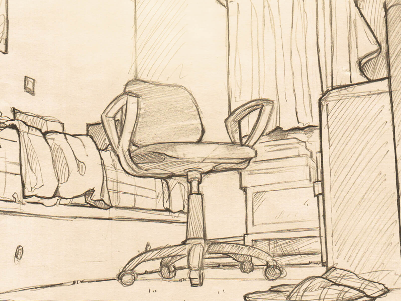 Black-and-white view of a sketched bedroom seen from the floor. A wheeled computer chair is the focus of the piece.