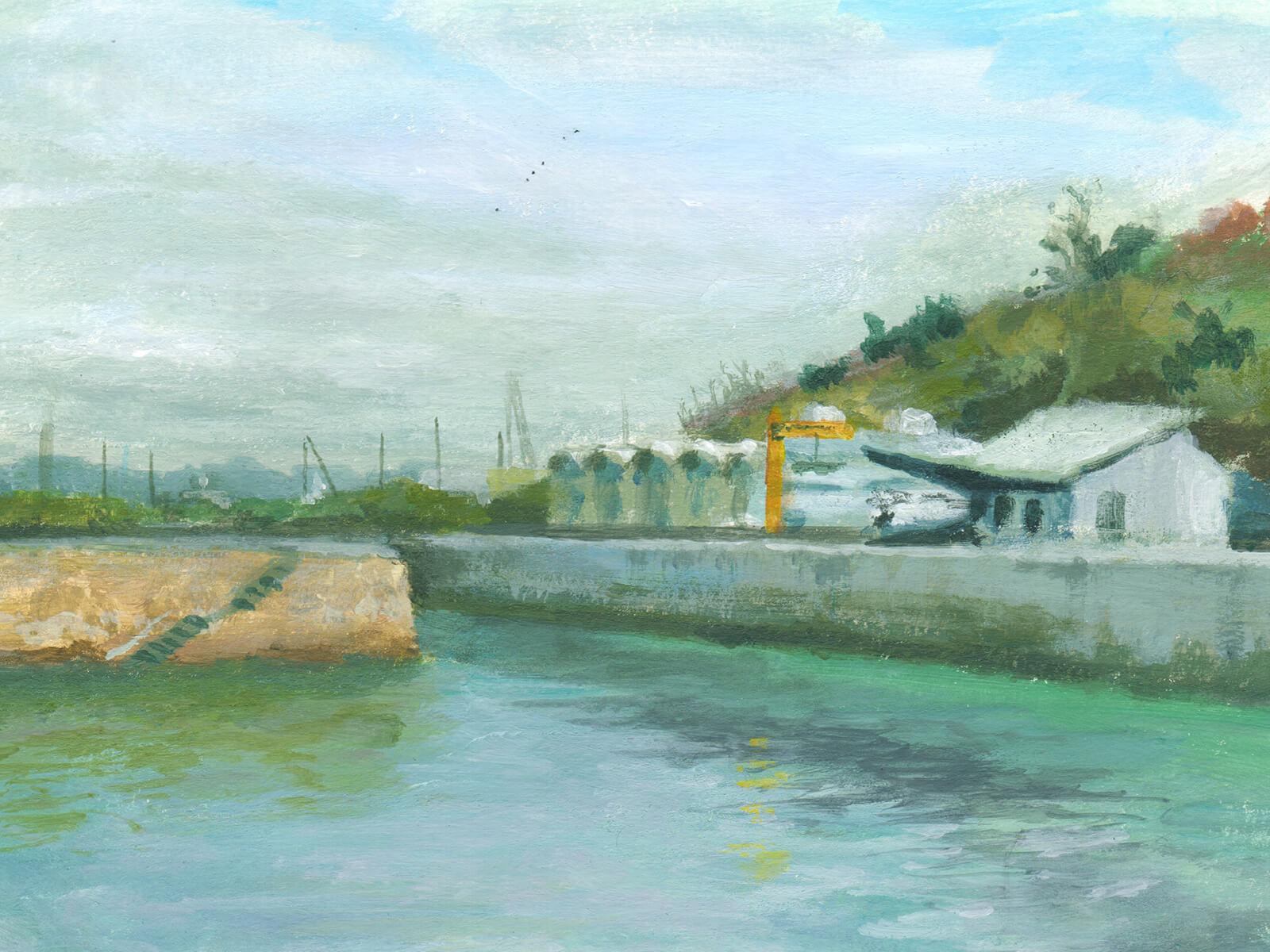 A canal with a stone dock and boat support facilities seen against white clouds above and a light aqua-colored water below.