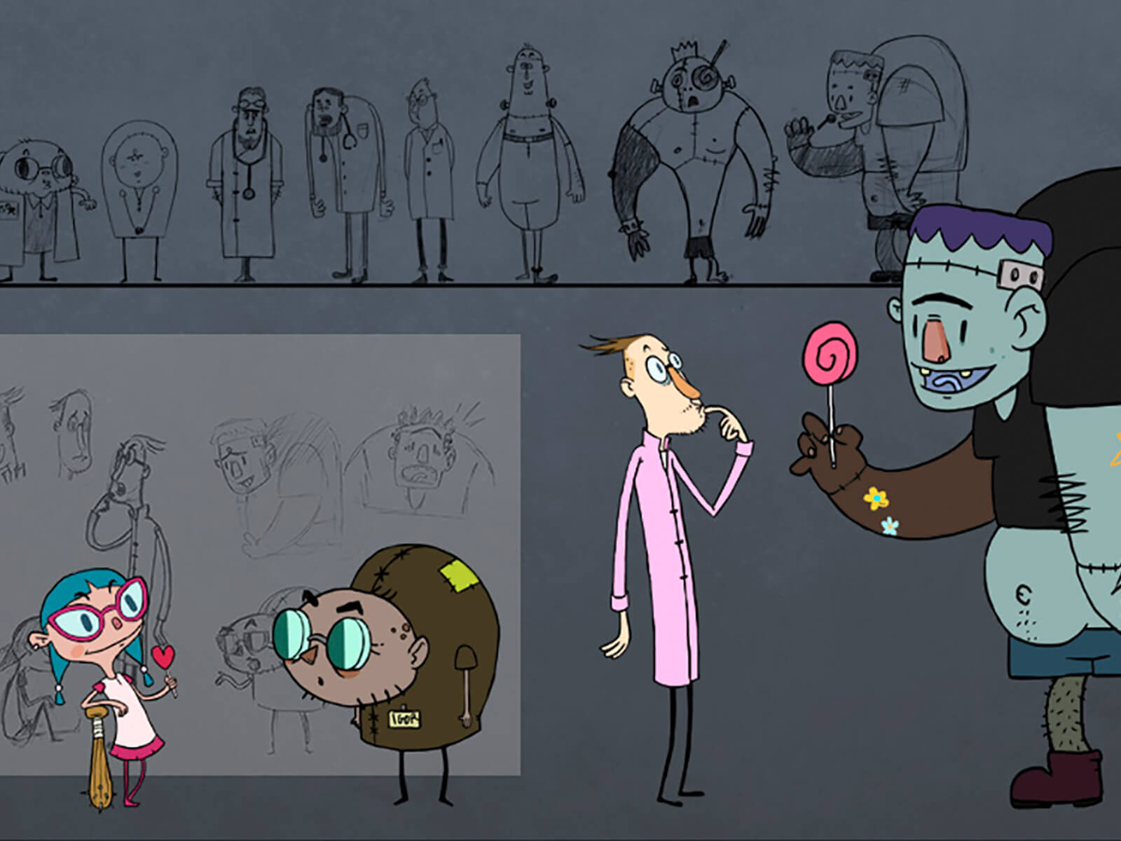 Concept sketches of a young girl, a scientist and his short assistant, and a friendly Frankenstein Monster holding a lollipop