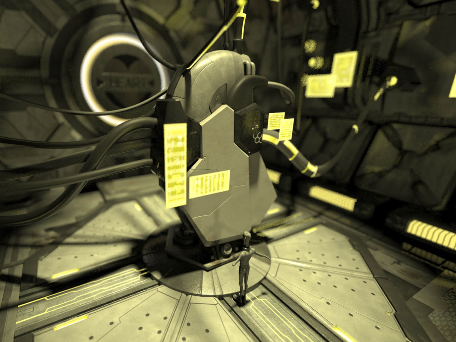 3D CGI concept image of a man standing before a towering mechanical metal structure hooked into the walls by tubes and cables