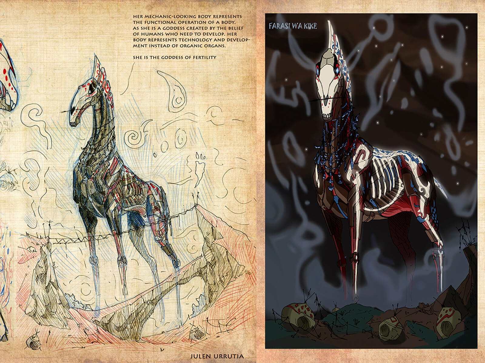 Concept art of a red-white-and-blue adorned skeletal-mechanical horse and red-colored shamans in ancient garb.