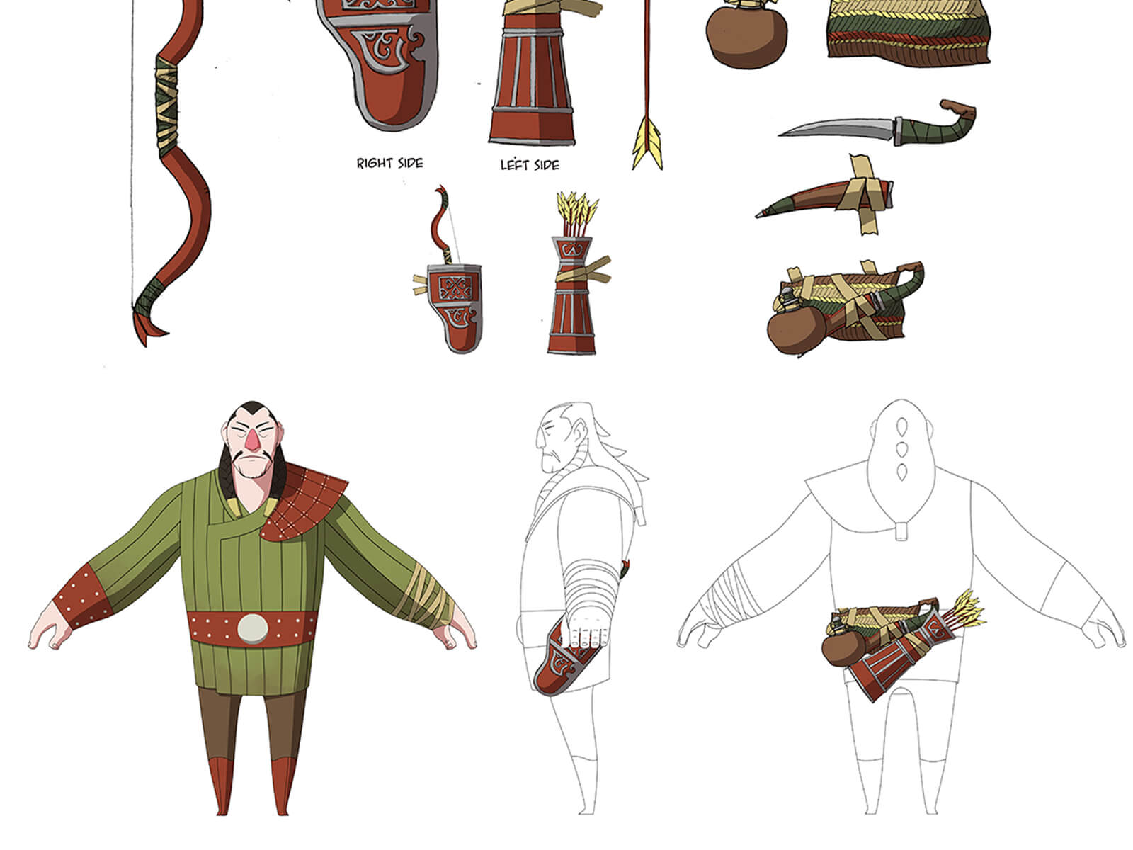 Color sketch of an ancient hunter and his equipment including a bow, arrows and quiver, knife, and water pouch.