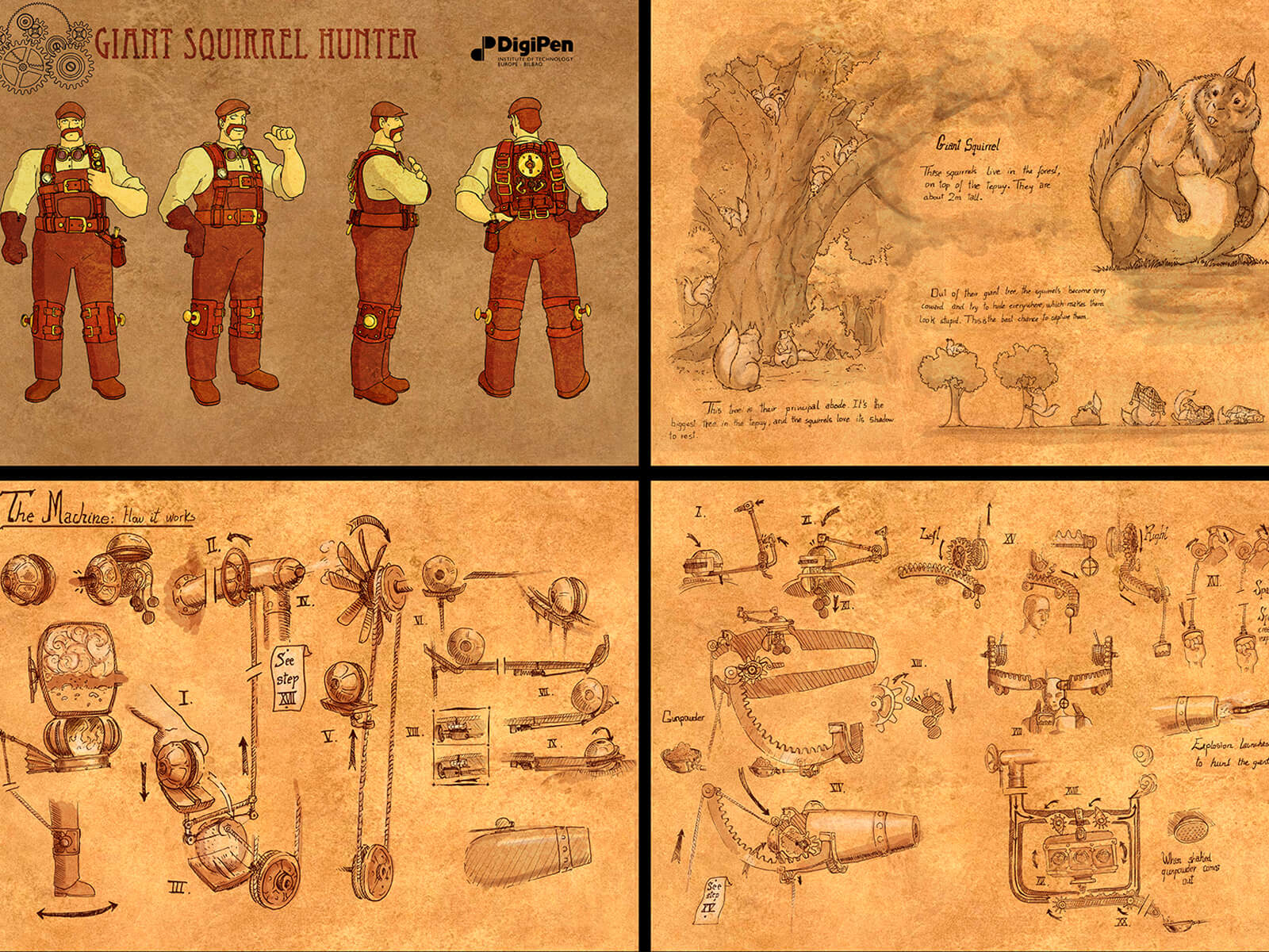 Sepia-toned concept art of a squirrel hunter character, his mechanical equipment, and a description of giant squirrel beasts.
