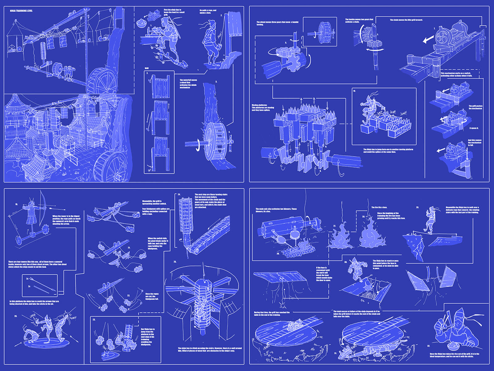 Blueprints of elaborate mechanical traps and several angles of a black-clad ninja hoping to elude them.