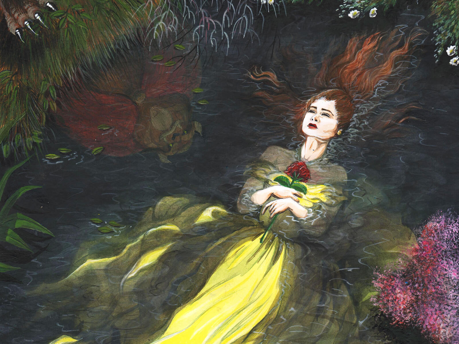 A woman in a flowing yellow dress clutches a single red flower at her chest floating unconscious in a forest pond.