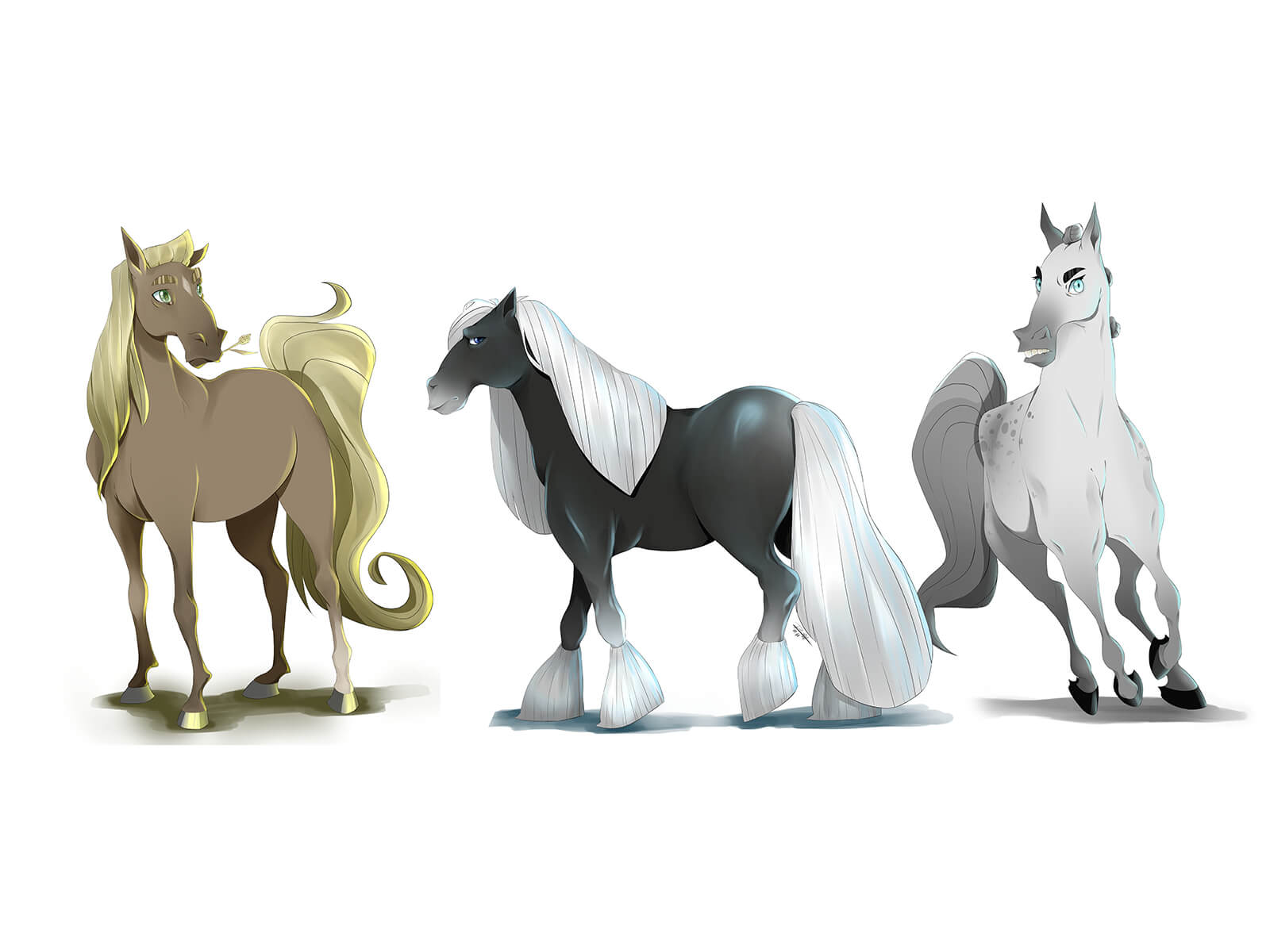 Digital painting of a brown, black, and white horse in cartoon stylization seen from various angles.