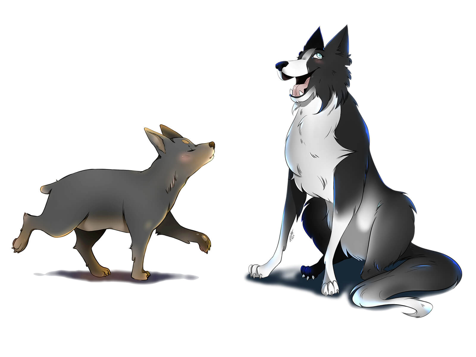 Pintura digital de dos perros de dibujos animados, un perro marrón trotando distante y un perro blanco y negro felizmente sentado.