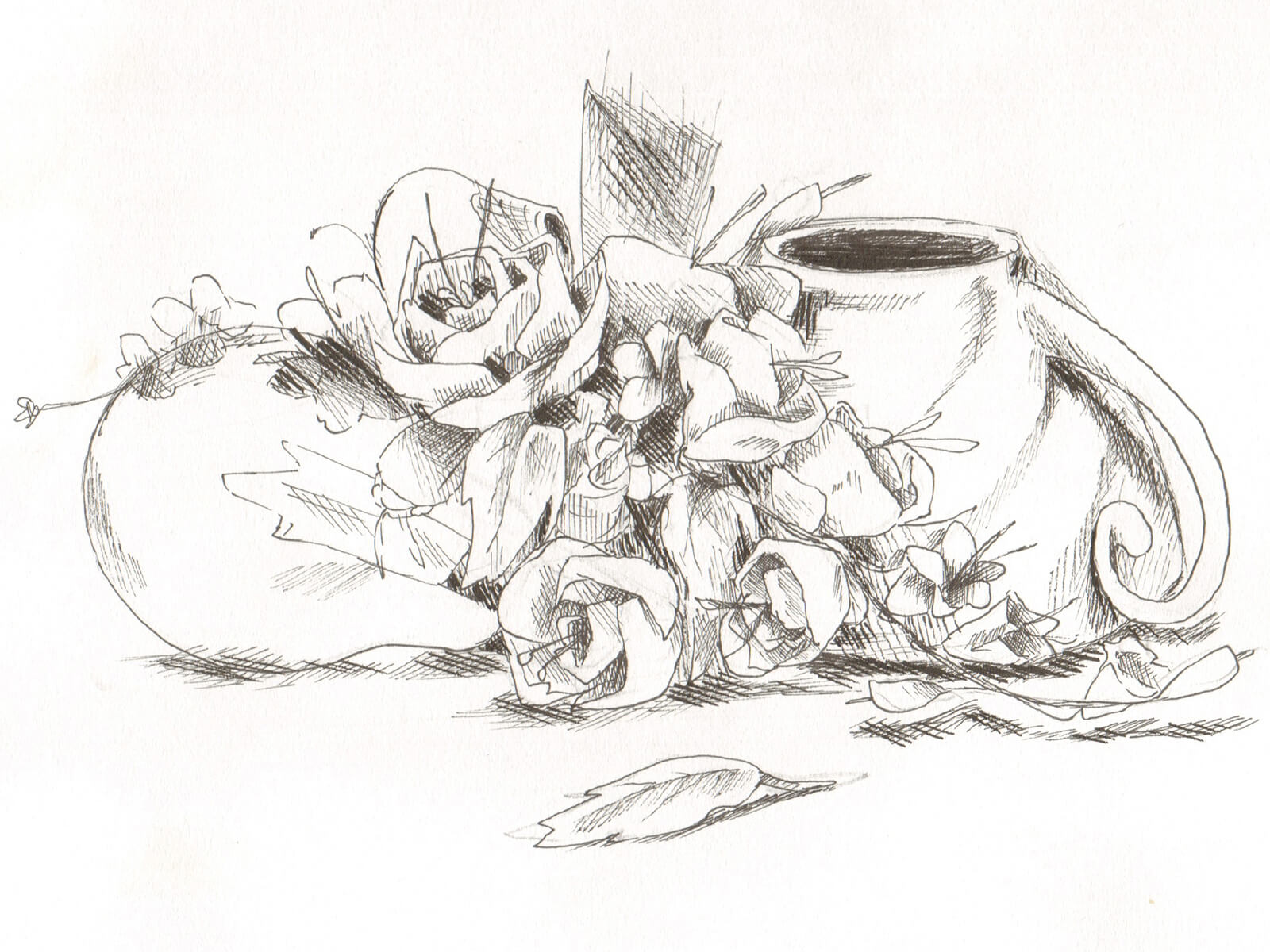 Still-life, black-and-white sketch of an overturned cup, light bulb, and flowers.