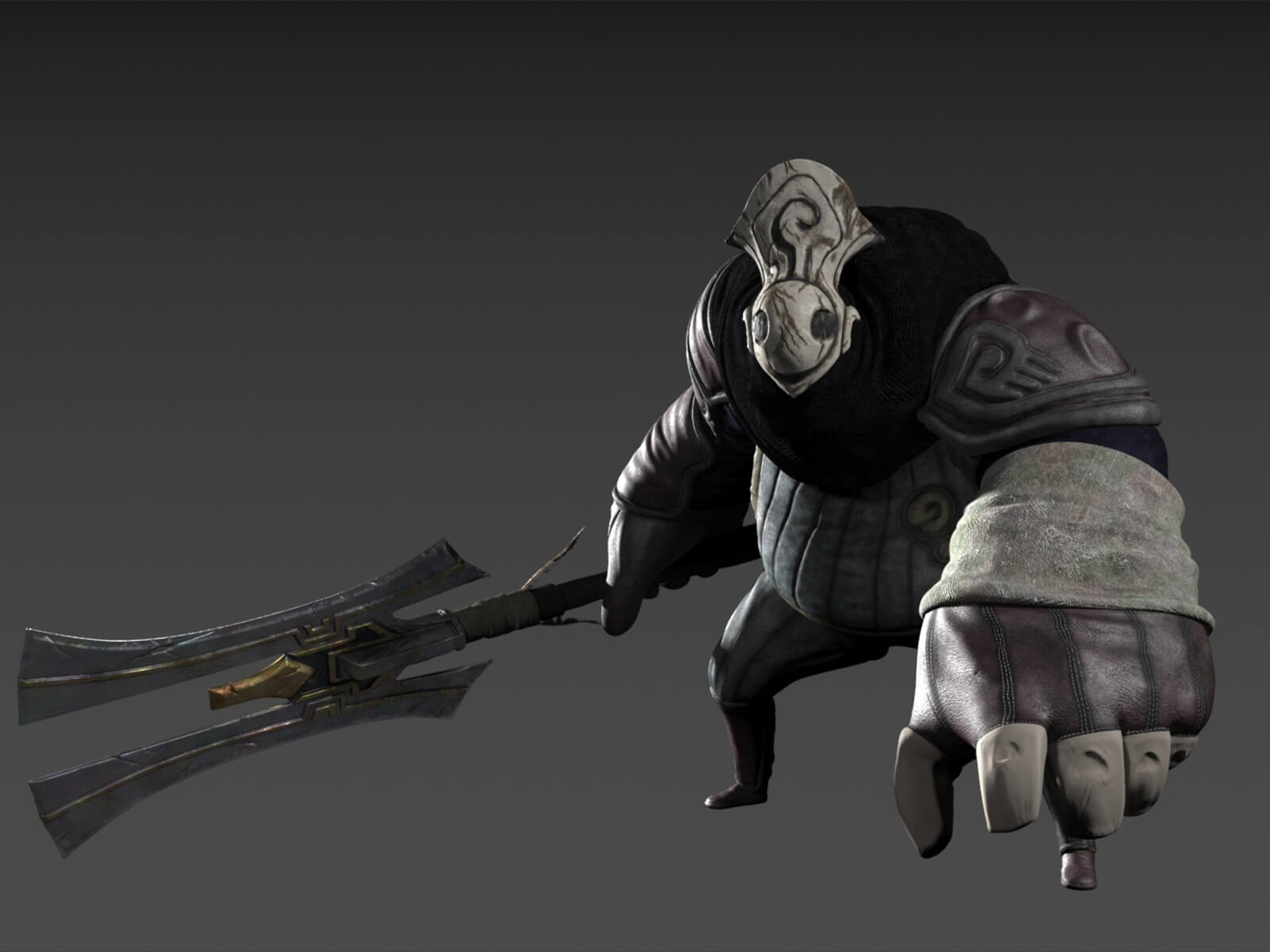 A stocky CG character in cloth battle gear and weathered gray mask holds a large, two-pronged melee weapon at its side.