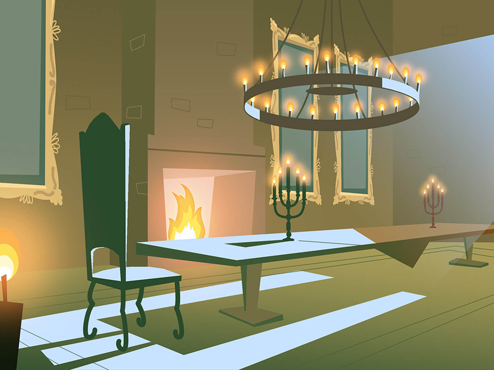 Concept art of a long dining table with high-backed chairs next to a fireplace. A candlelit chandelier glows overhead.