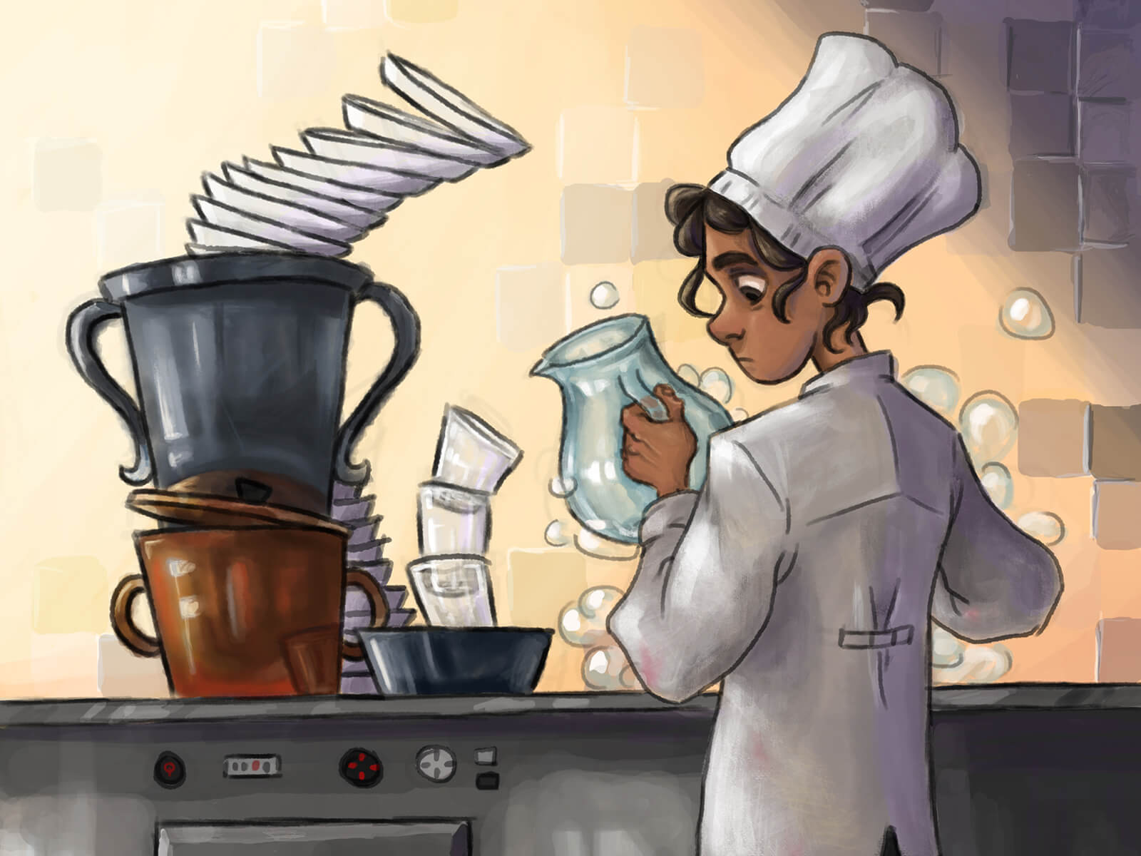 A woman in a chef&#039;s uniform washing dishes next to a tilting stack of plates looks down at a small black kitten.