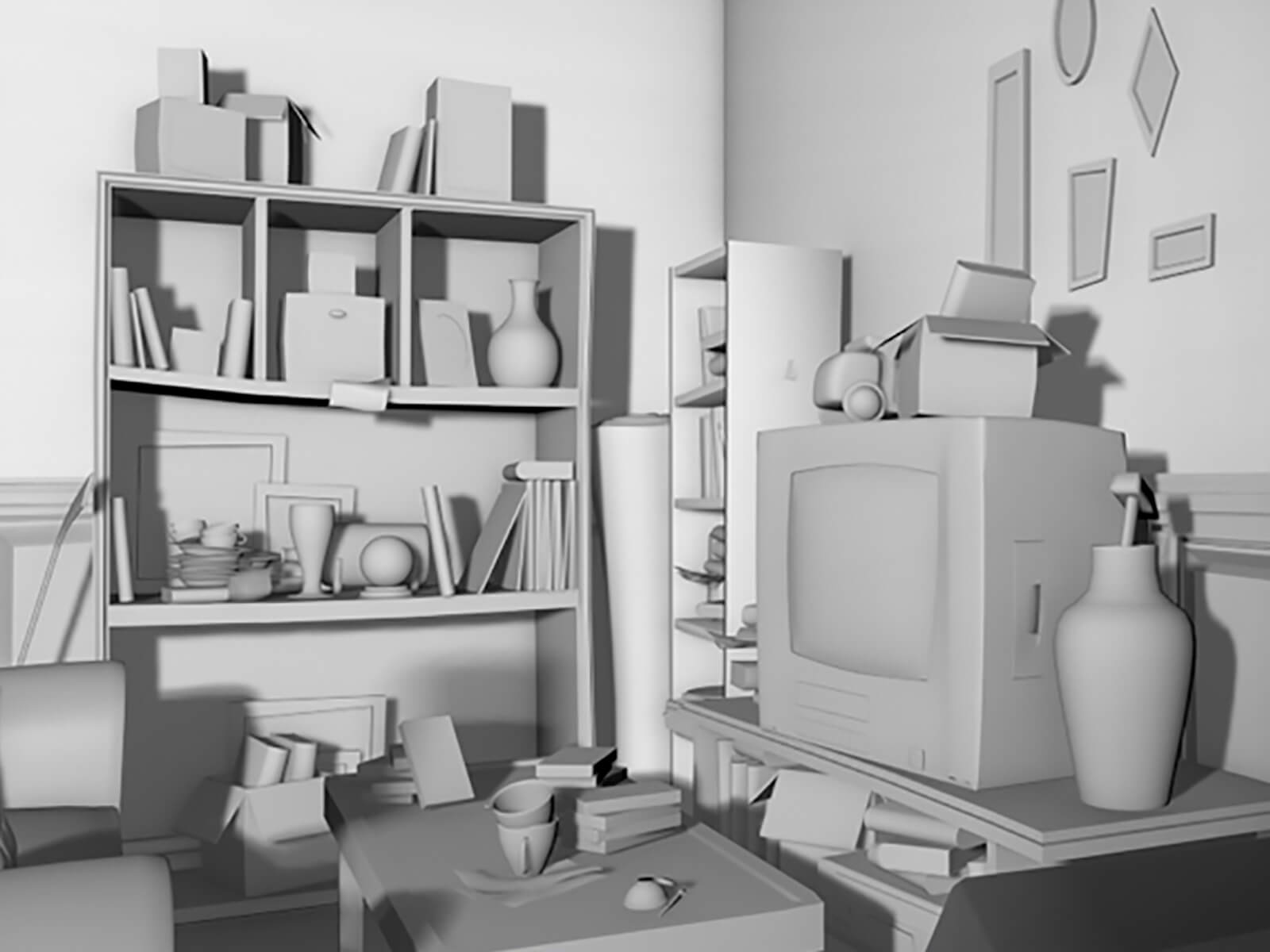 A messy, colorless 3D-modeled living room with a sagging shelves full of junk, a coffee table, and a small television set.