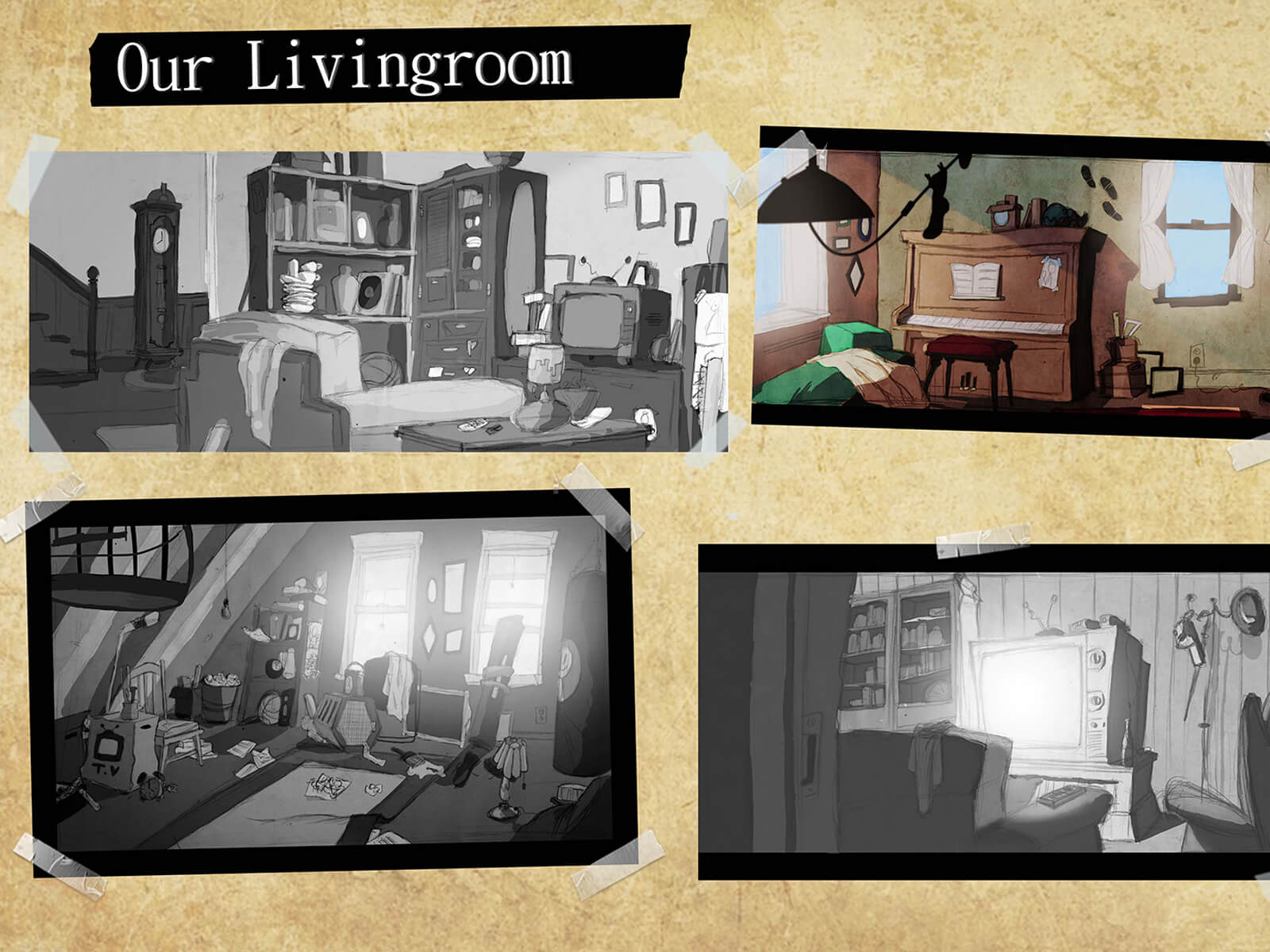 Concept art of a messy living room including a couch, television, upright piano, lamps, a grandfather clock, and shelves.