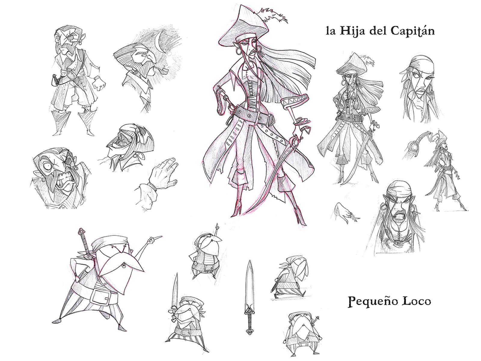 Black-and-white sketches of a pirate captain, his sword-wielding daughter, and an old, short pirate.