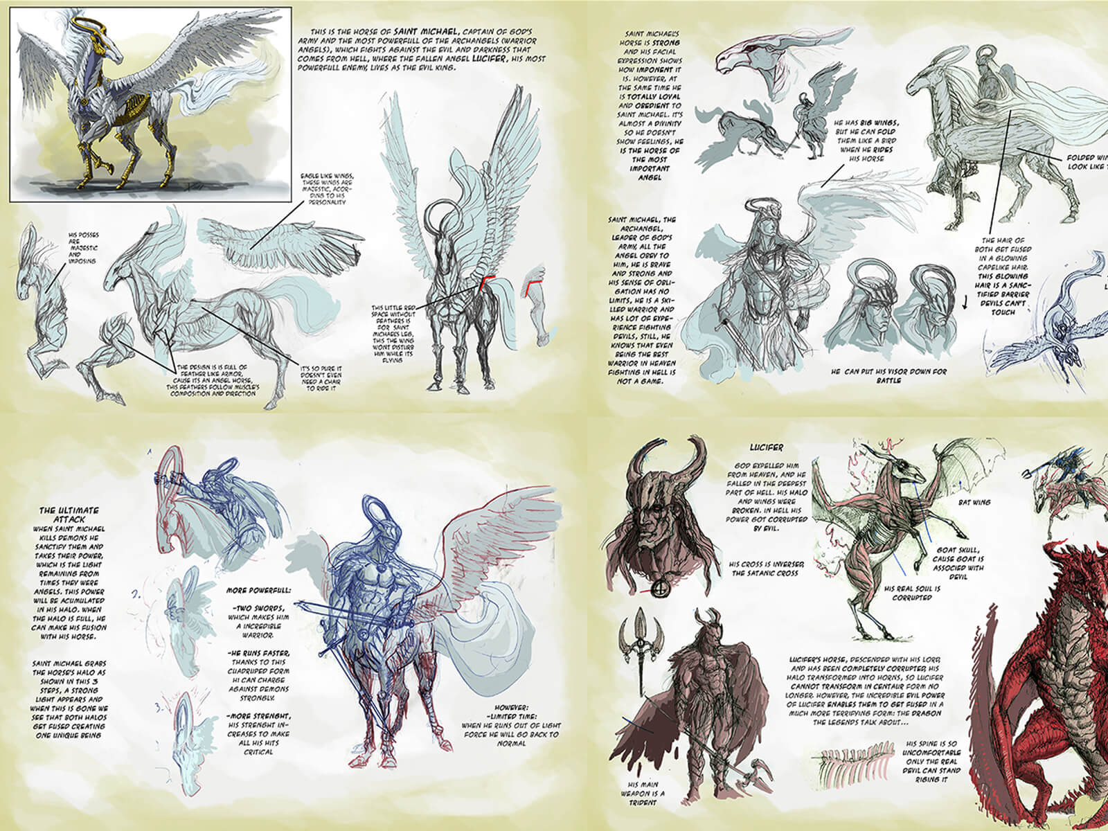 Diseños y descripciones de un personaje angelical a caballo y una figura demoníaca en un dragón mientras luchan.