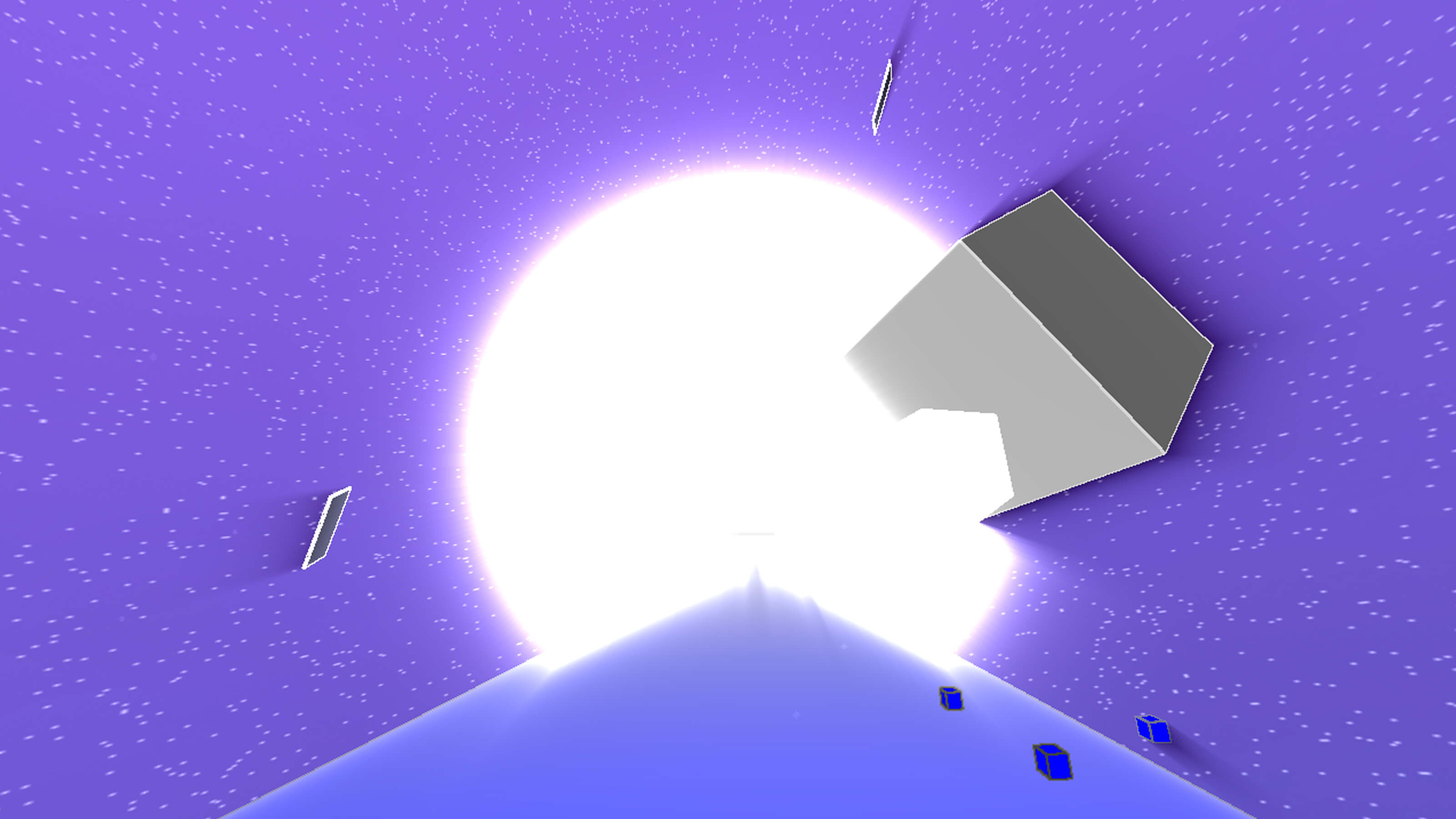 A grey cube emerges from a large light orb, three smaller blue cubes below it. 