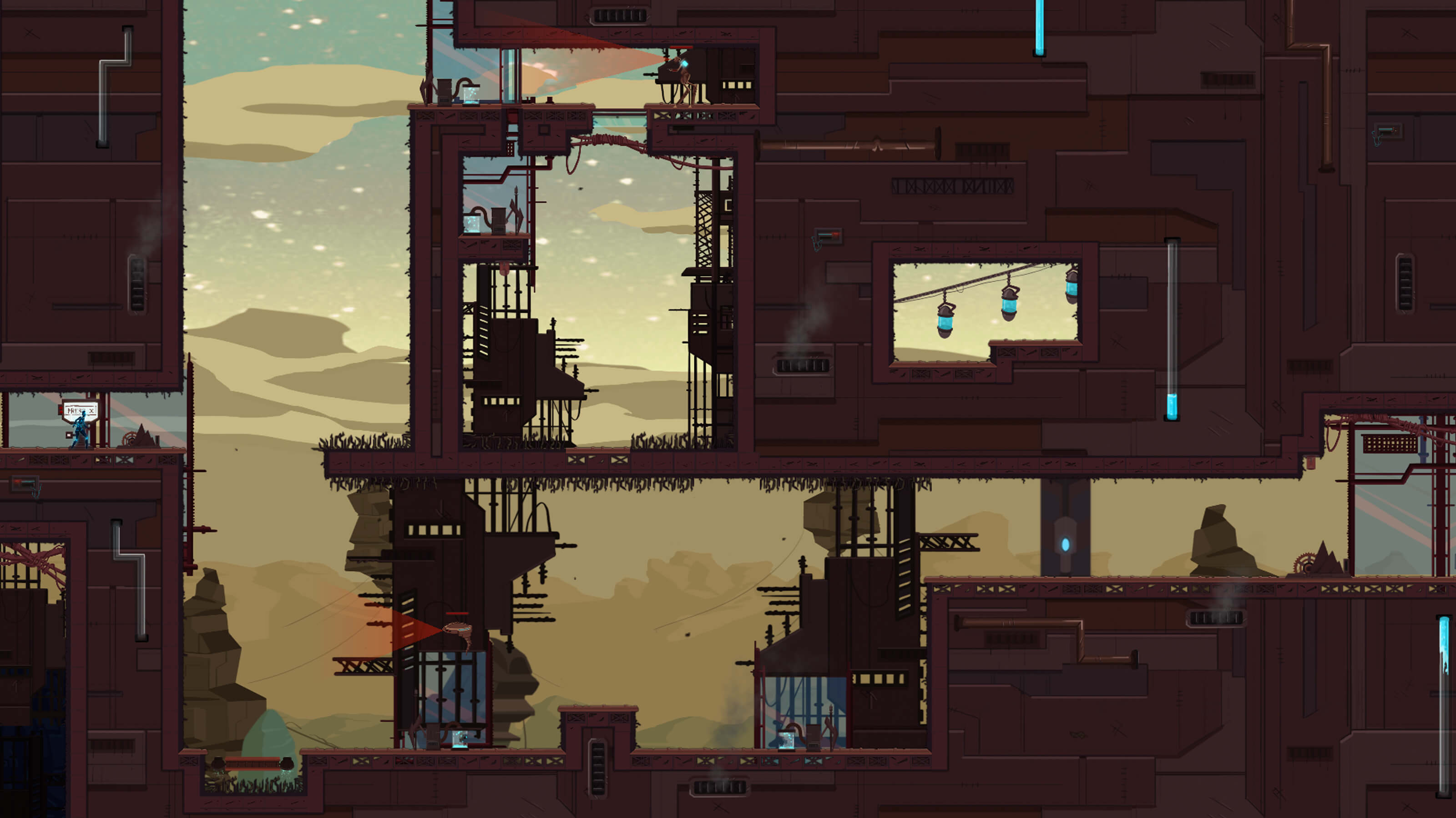 A zoomed-out view of a futuristic industrial level, full of steam vents, pipes and scaffolding