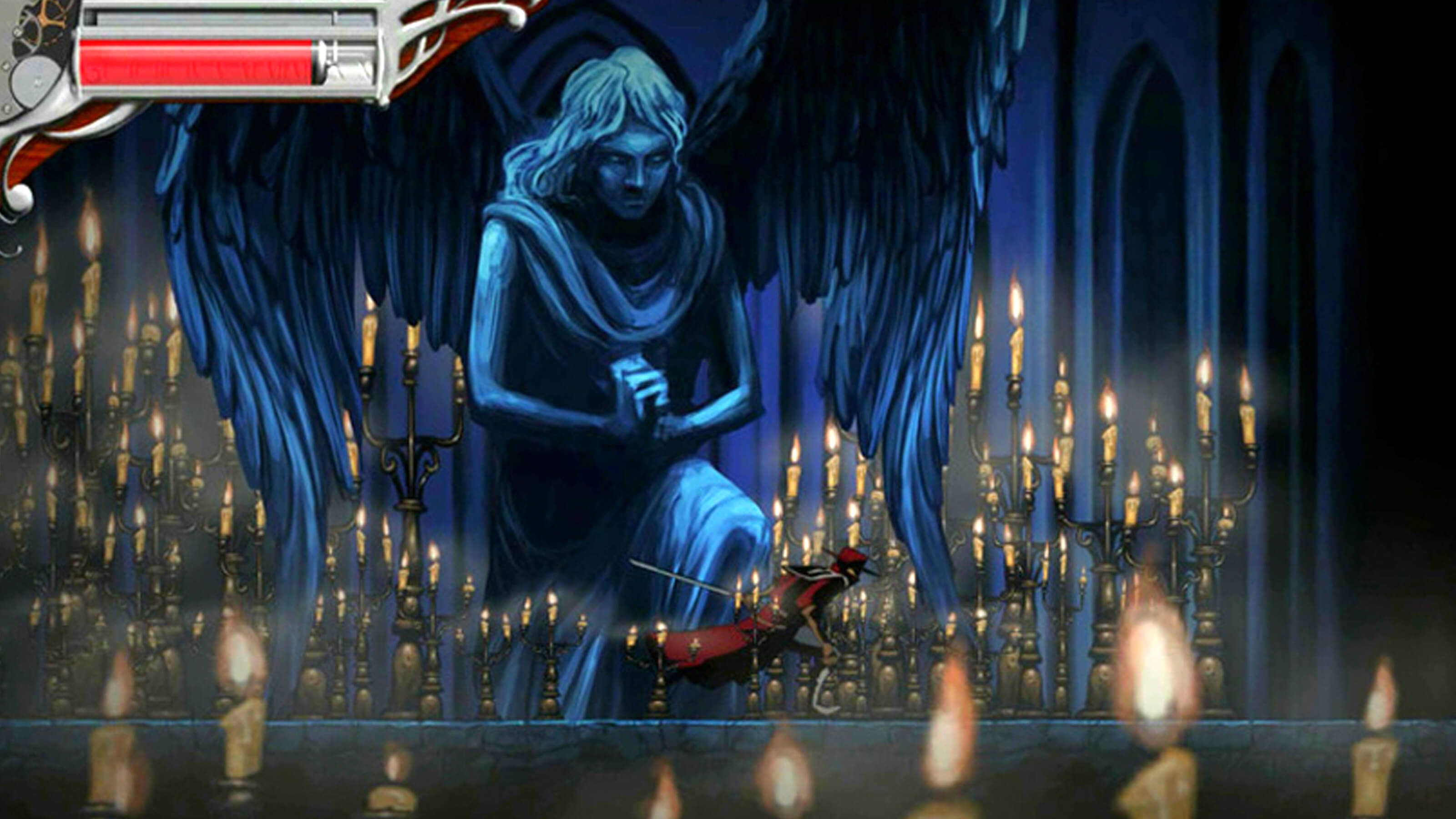 Un espadachín de rojo corre por delante de la espeluznante estatua de un ángel en un pasillo lleno de candelabros encendidos.