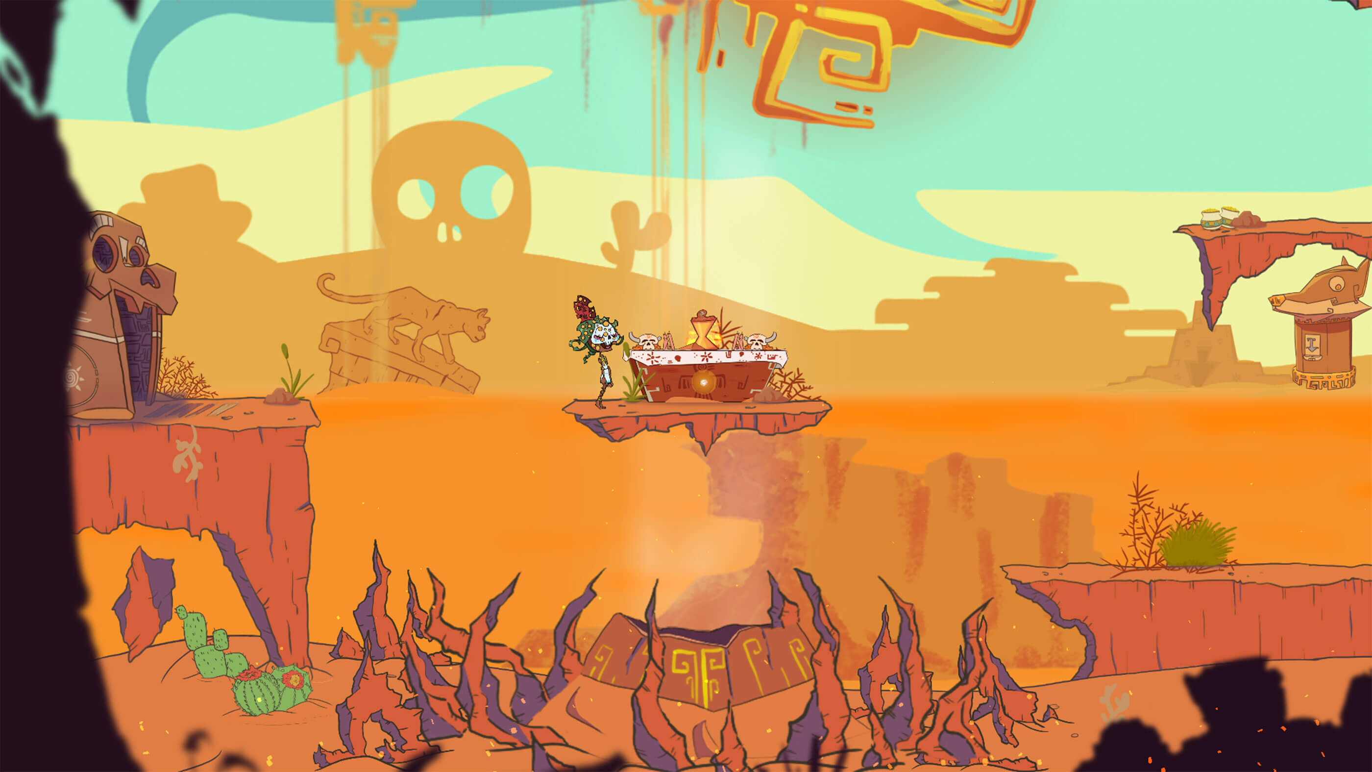 Player stands on a platform above sharp rock spires in a desert