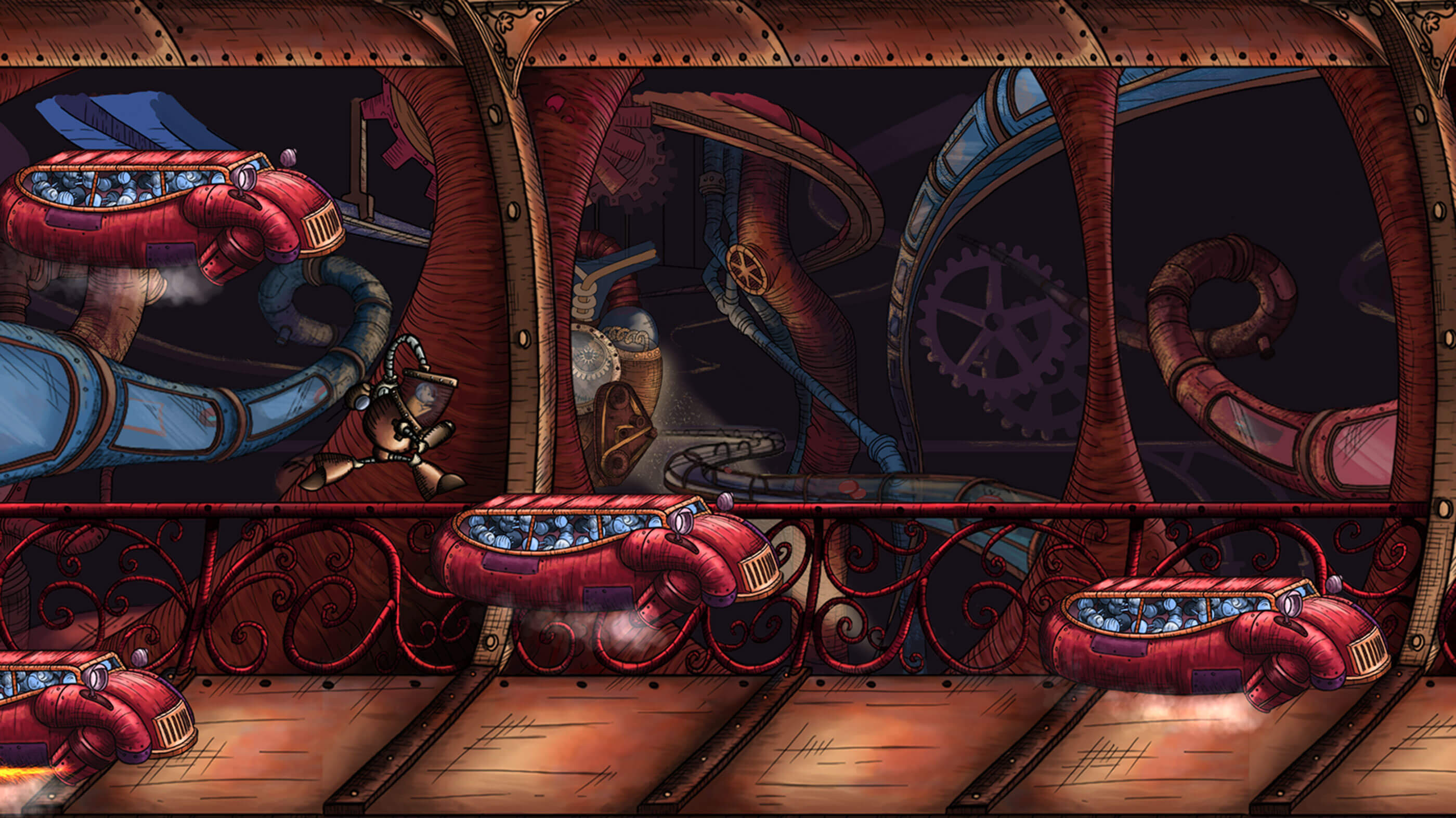 El jugador salta a una plataforma compuesta por un coche rojo lleno de latas grises.