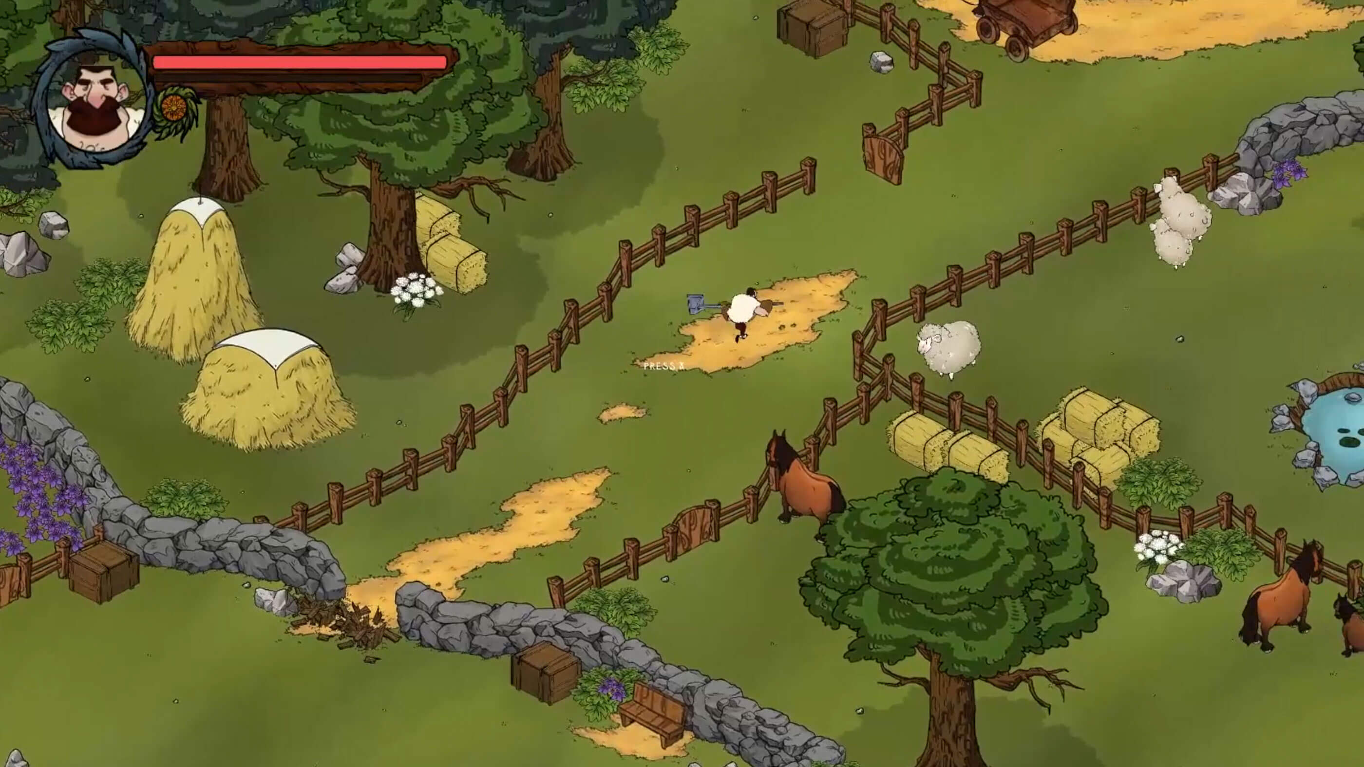 Isometric view of a player holding a large hatchet walking through a rural farm
