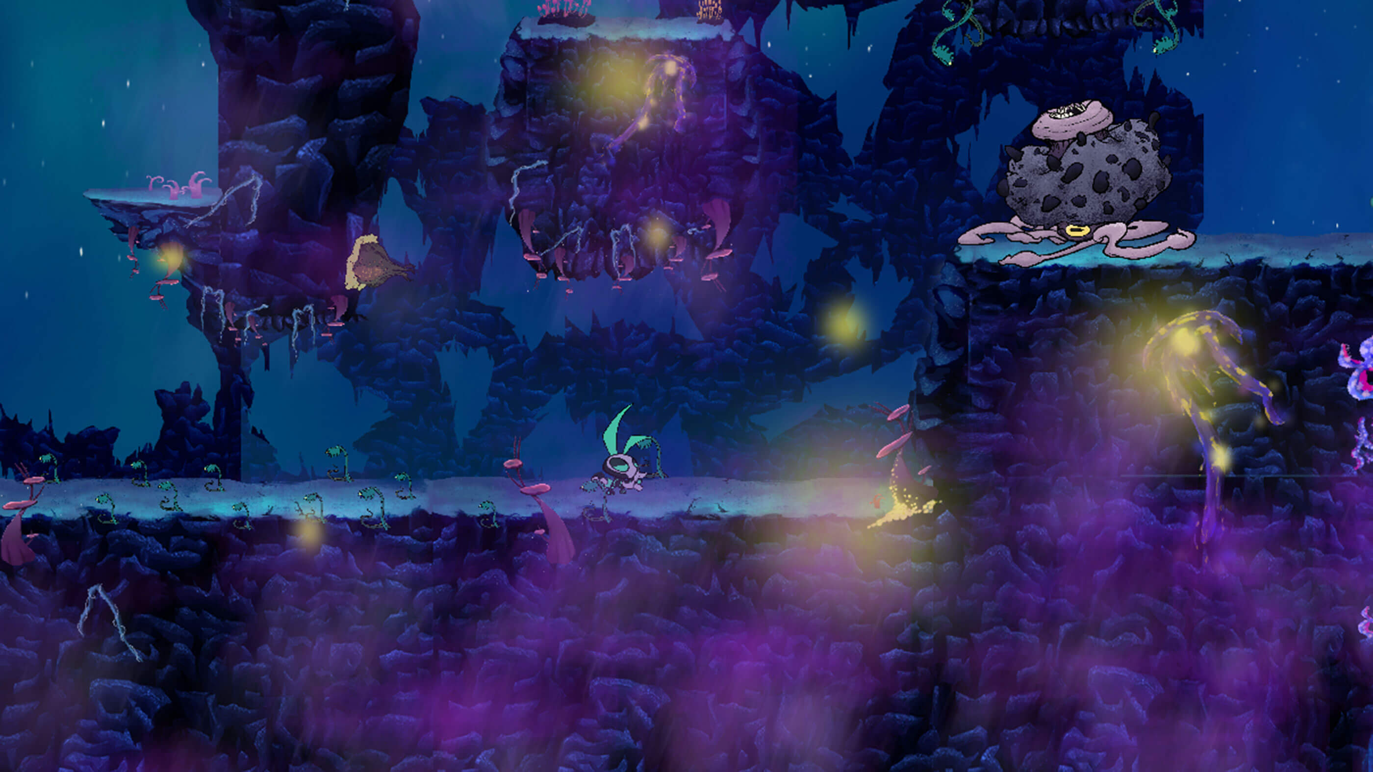 El jugador camina a lo largo de una plataforma rocosa con varias plataformas encima