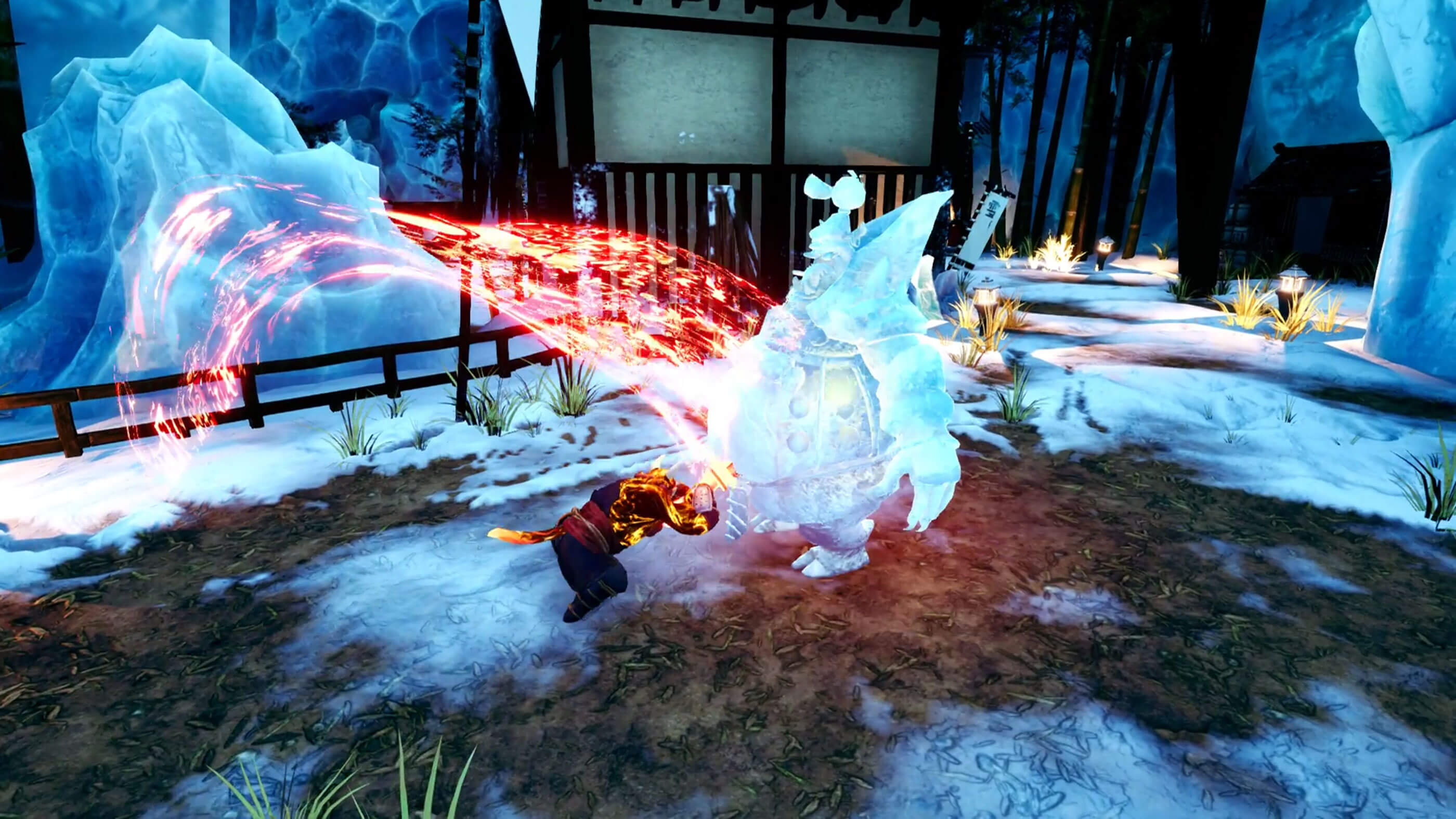 Un samurái corta a un enemigo congelado con una hoja de fuego.