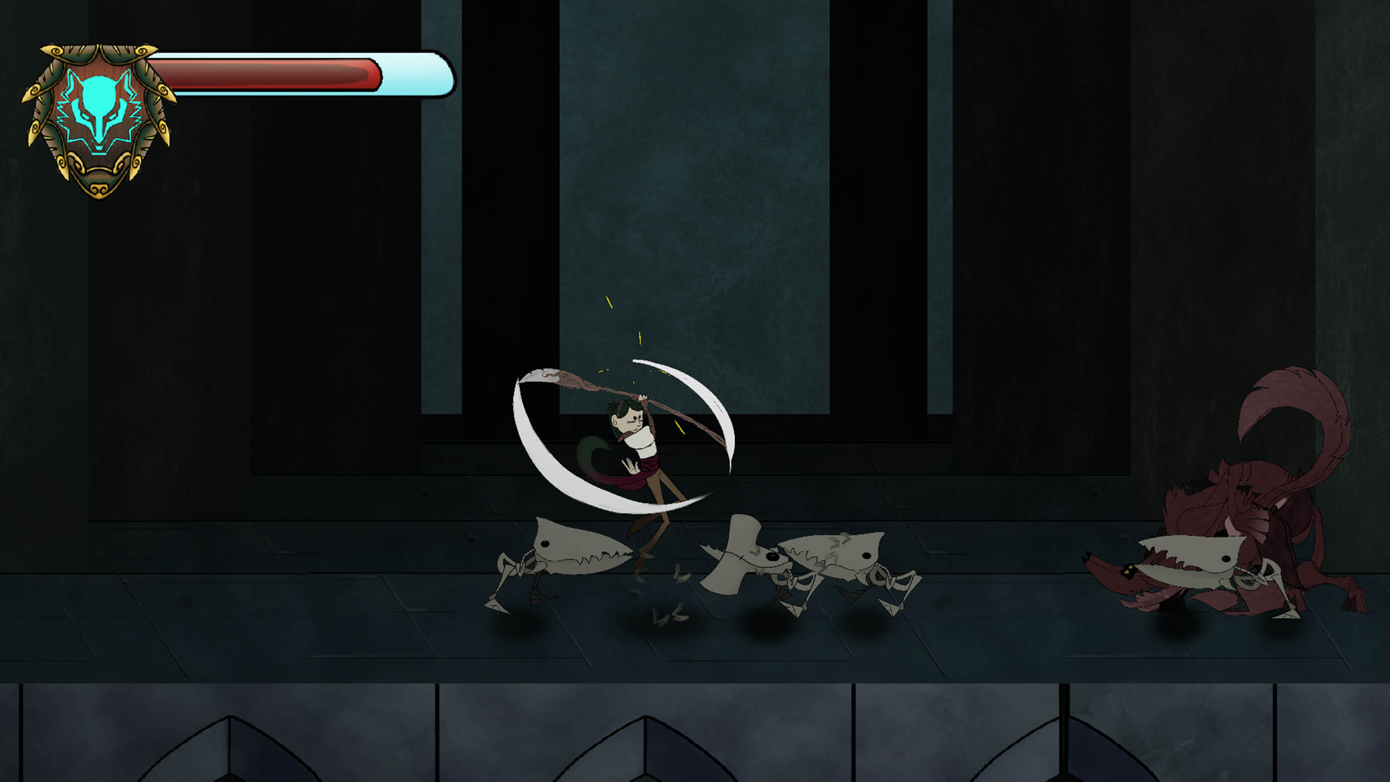 El jugador lanza una lanza a tres enemigos esqueléticos con picos afilados.