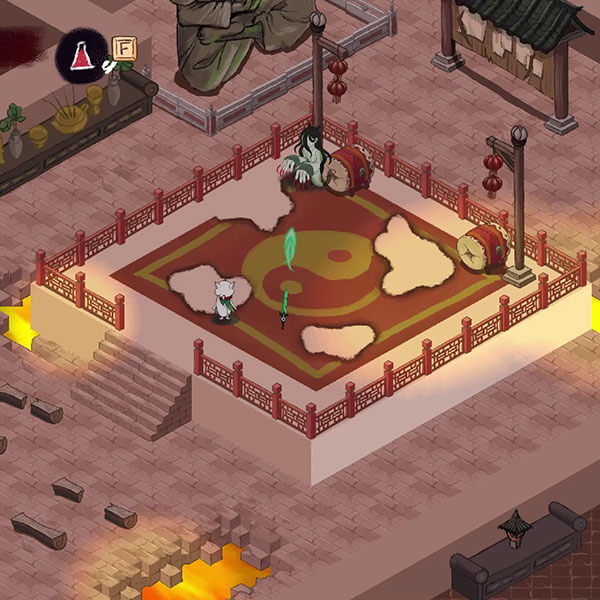 Character approaches a platform in a courtyard with a ghoul standing on it