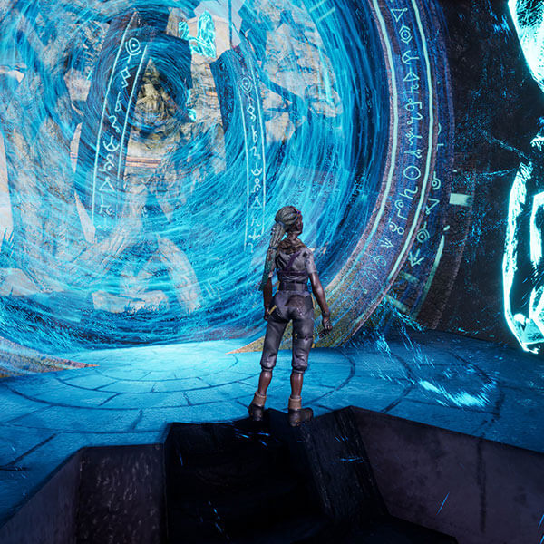 Mujer frente a un portal interdimensional que brilla intensamente