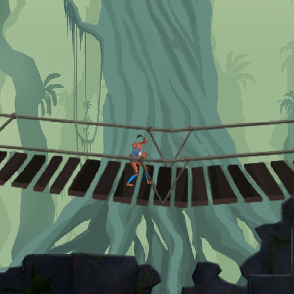 Juan camina sobre un puente de cuerda en medio de una jungla.