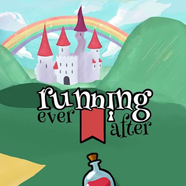 El logo de Running Ever After se presenta delante de un paisaje de fantasía, compuesto por montes verdes y un castillo enmarcado por un arcoíris en un cielo azul.